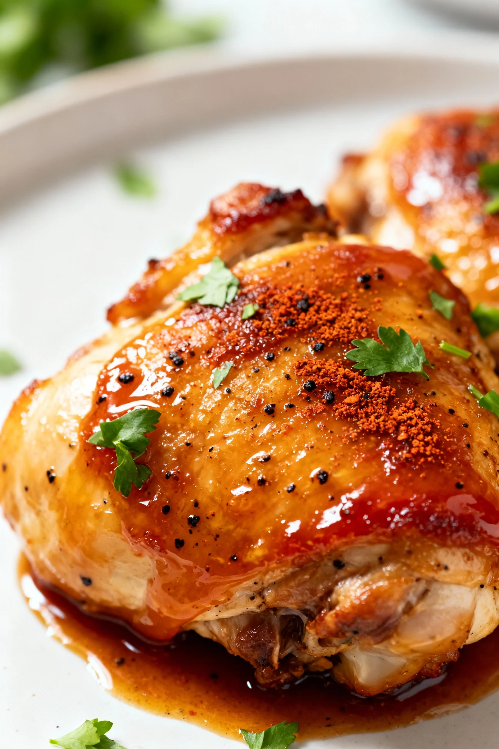 Close-up of broiled, skin-on crockpot chicken thighs with crackling golden-brown skin lacquered in a glossy soy–honey–to