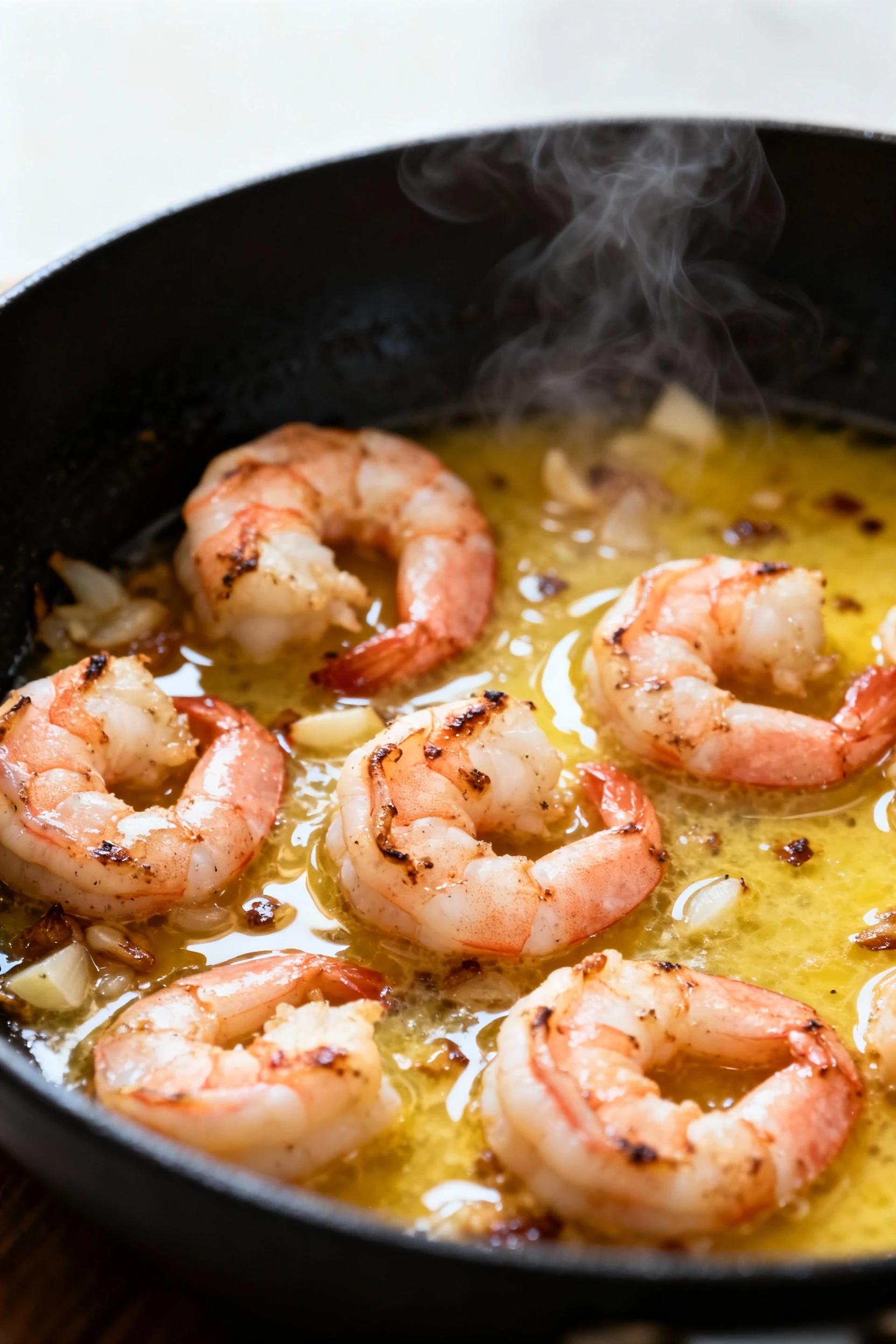 Close-up of shrimp mid-sear in a hot skillet as wine deglazes into a glossy lemon-butter emulsion, pink-opaque shrimp cu