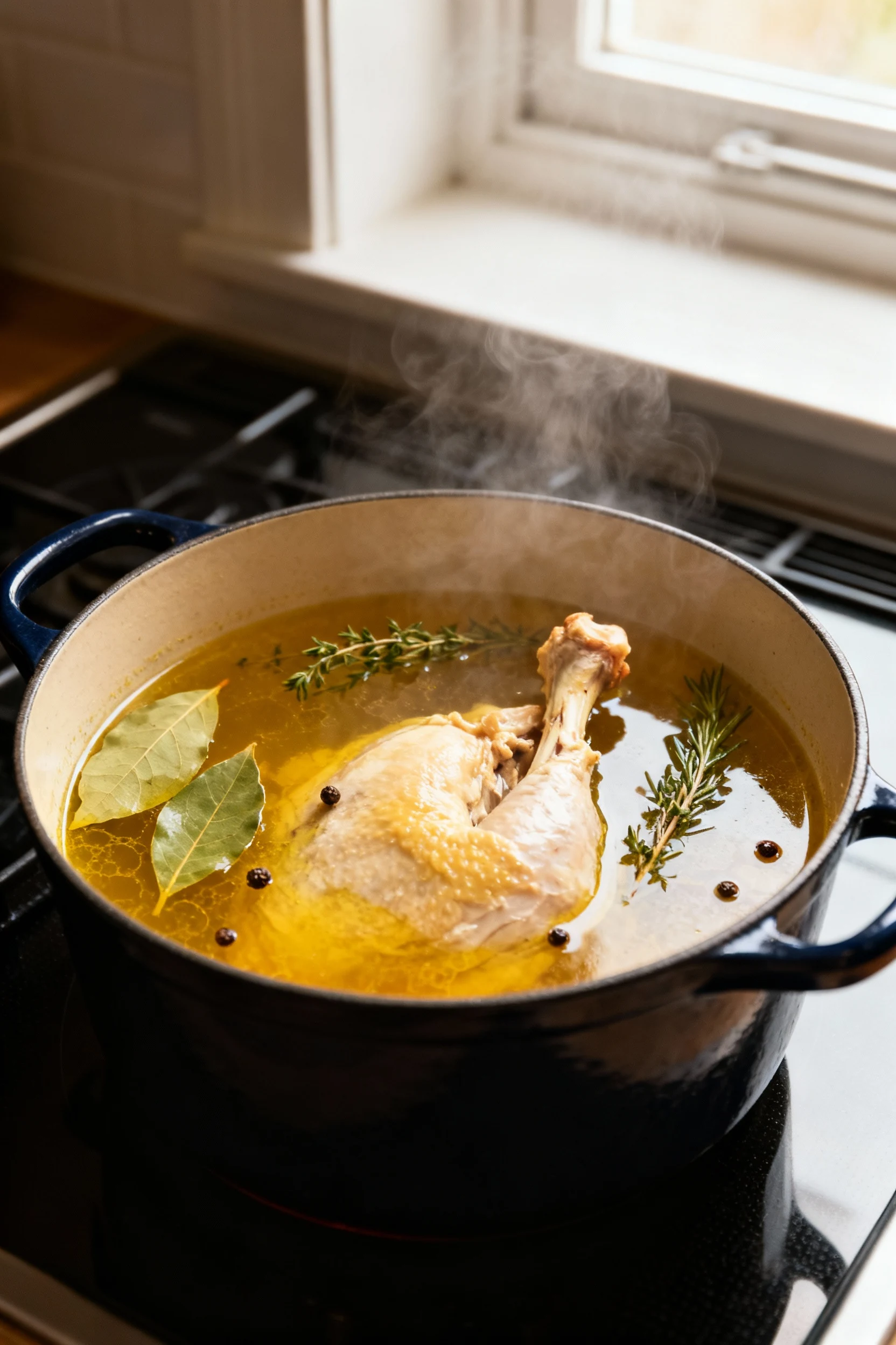 Cooking process: Dutch oven of chicken soup at a gentle simmer—clear golden broth (turmeric-tinted) with tender bone-in 