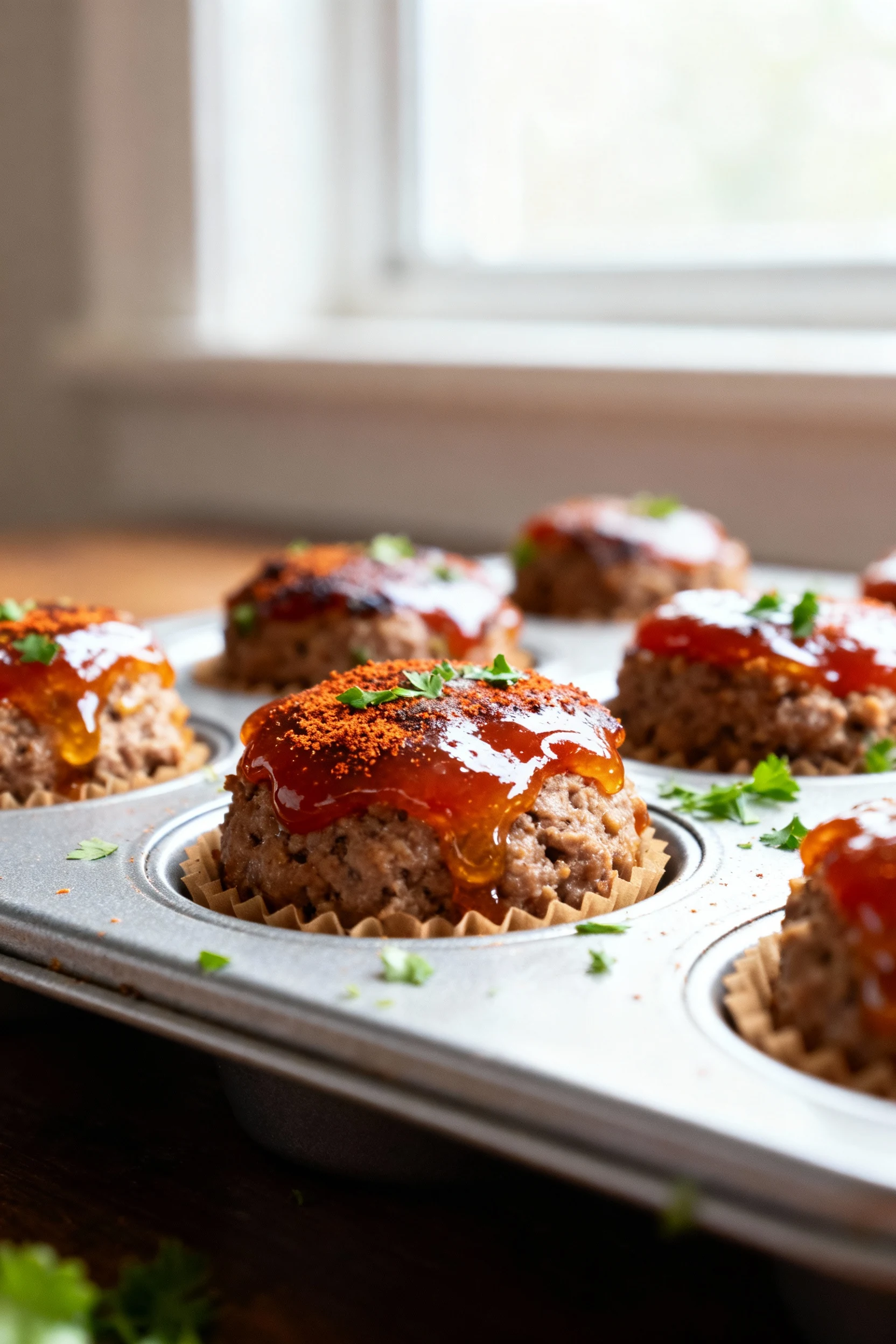 Close-up of mini meatloaves just out of the oven in a muffin tin, glossy sweet–tangy ketchup and brown sugar glaze bubbl