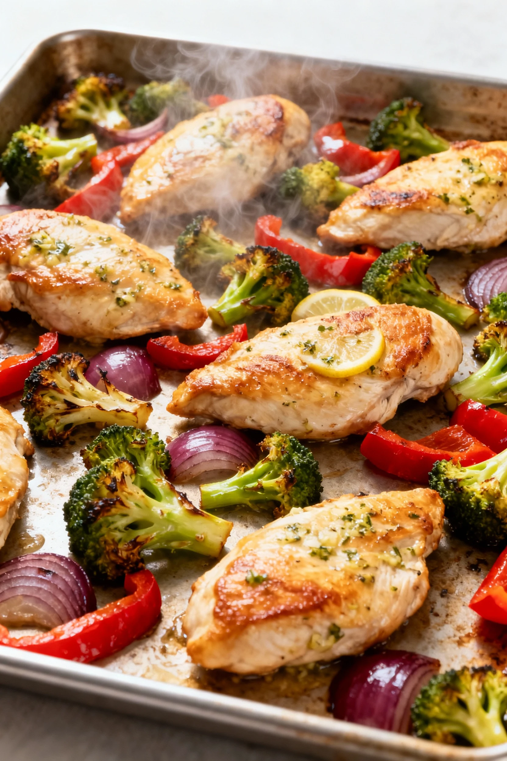Sheet pan just out of a 425°F oven with roasted lemon–garlic chicken cutlets and caramelized broccoli, red bell pepper, 