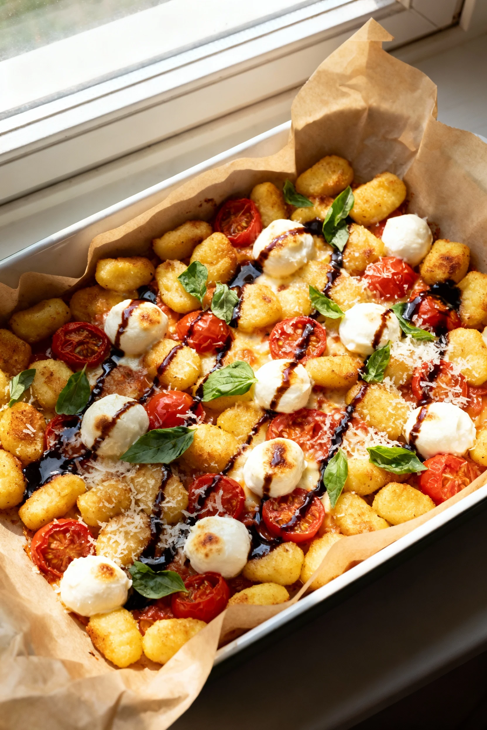 Overhead of caprese-style baked gnocchi in a 9x13 casserole: golden-crisp gnocchi, burst cherry tomatoes, melted fresh m
