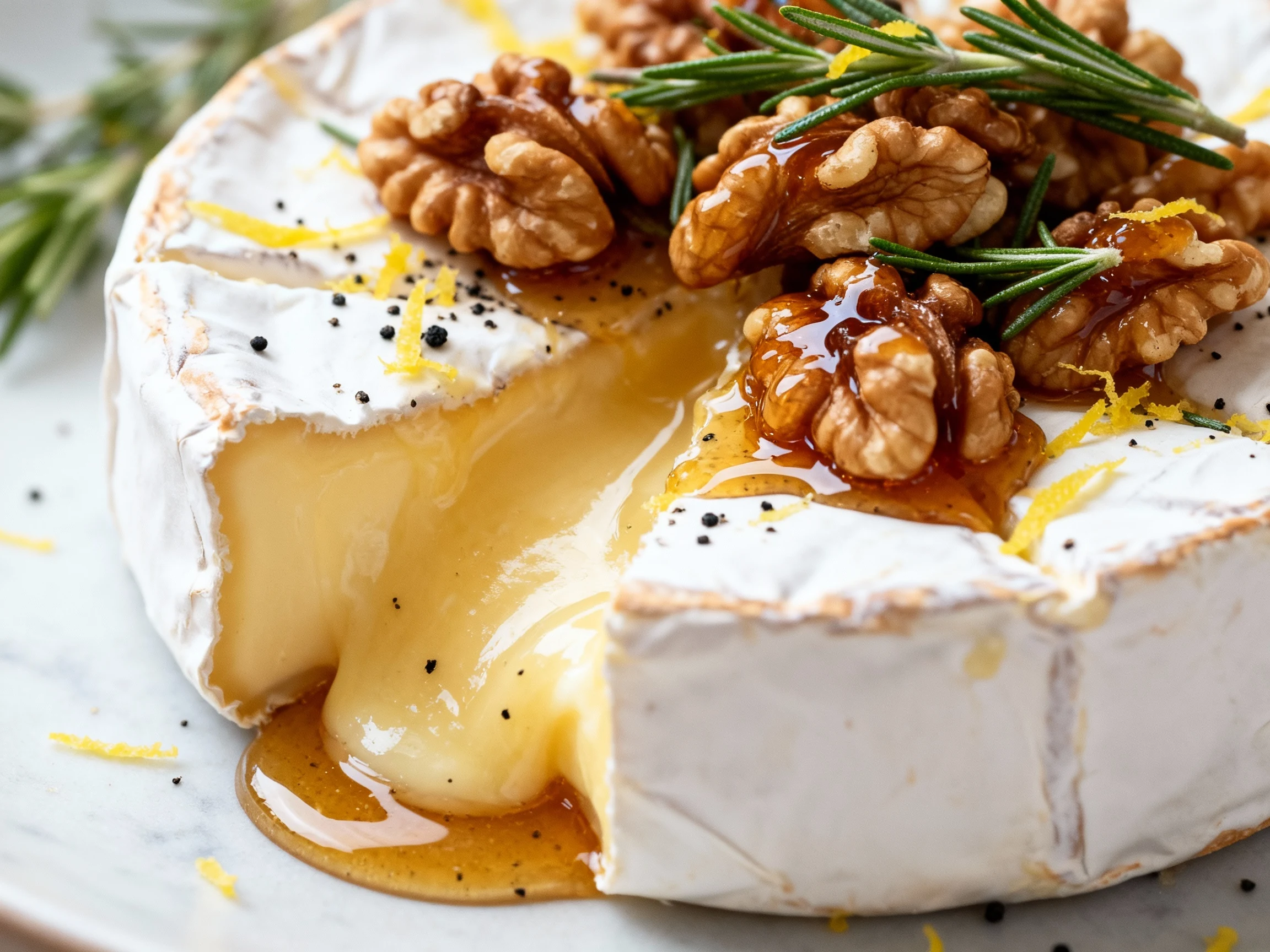 Food photography, Close-up of just-baked brie with top rind trimmed, molten cheese oozing, caramelized hot honey over to