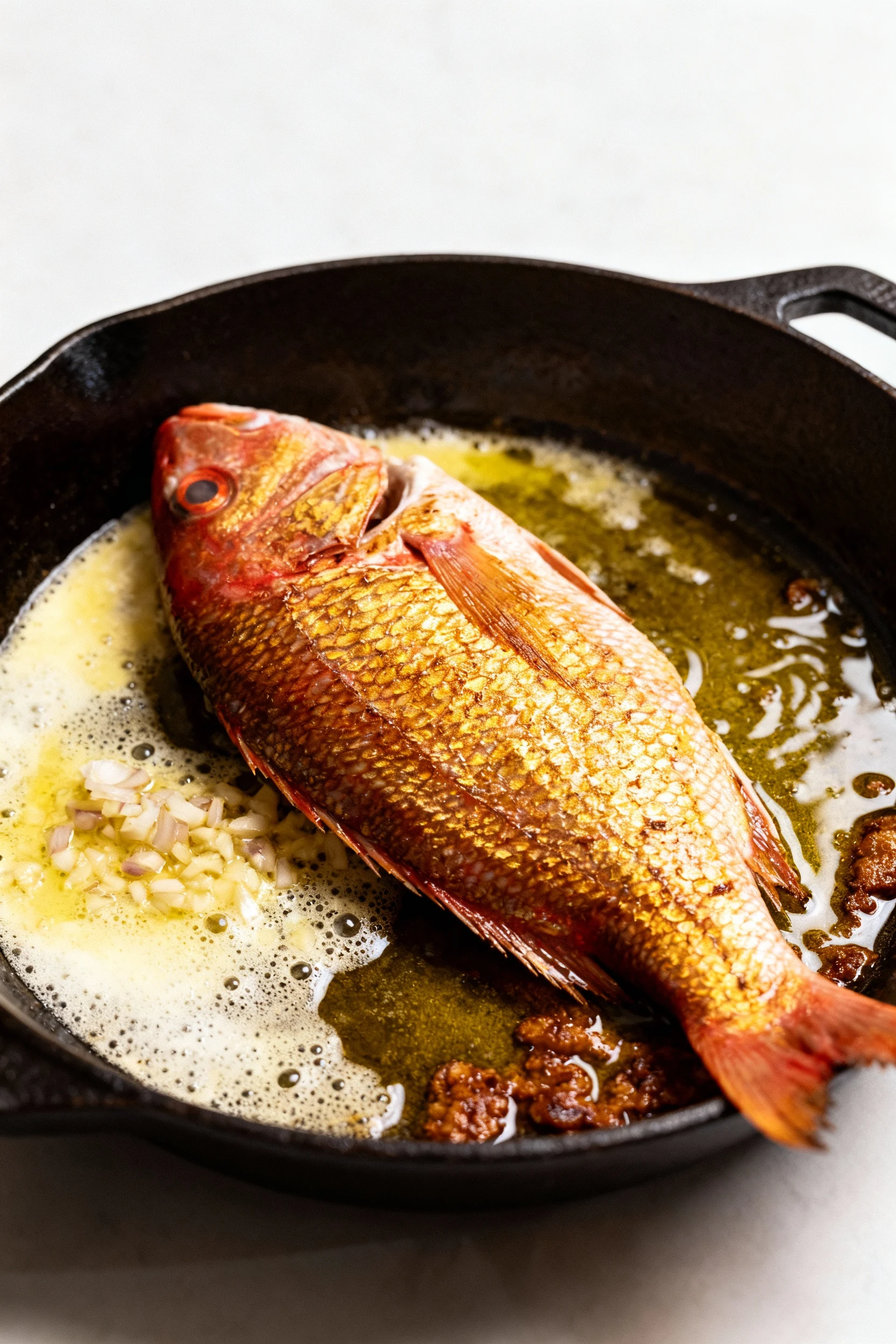 Skin-on red snapper searing skin-side down in a cast-iron skillet: deep golden, crackling skin over shimmering olive oil