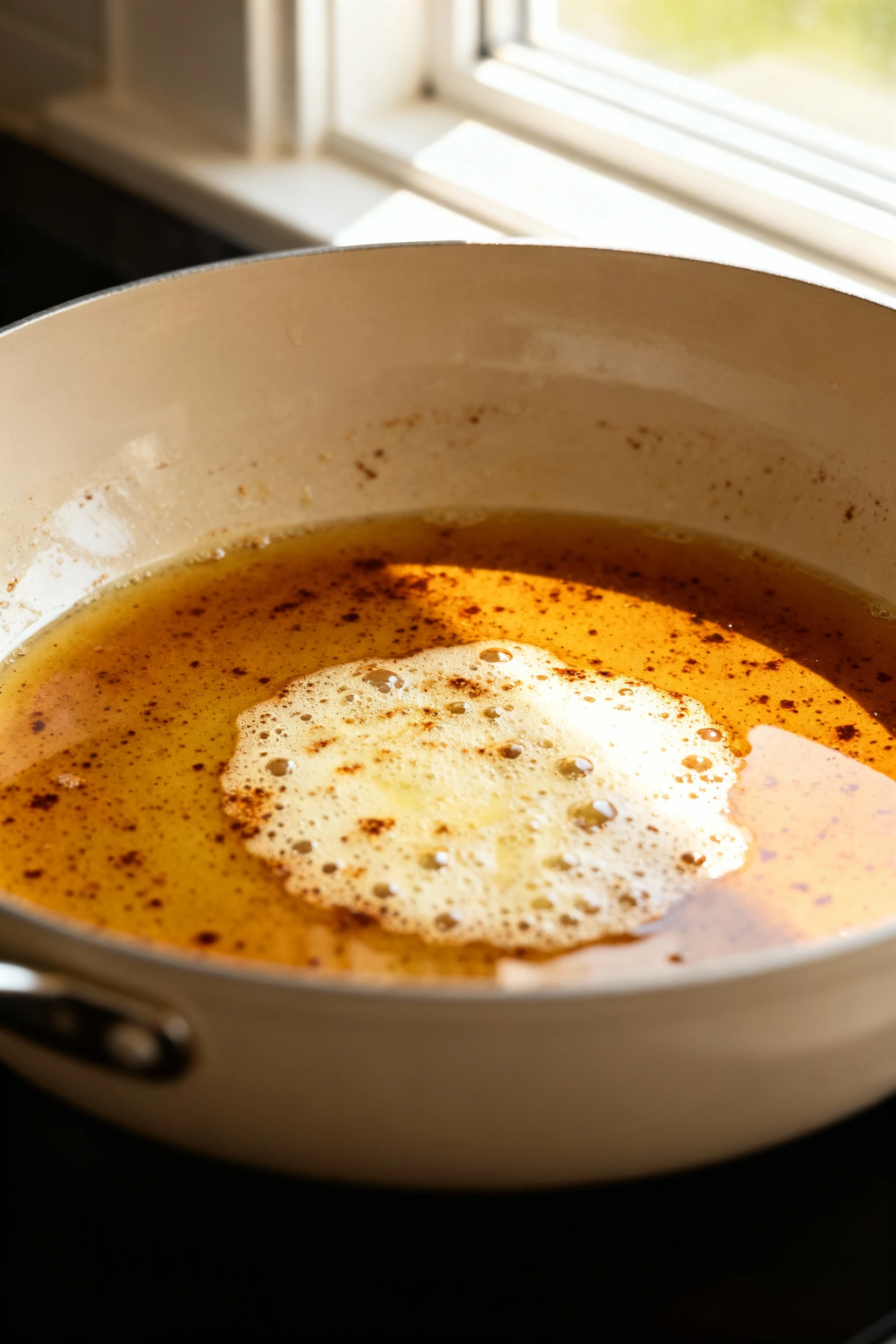 Cooking process: brown butter in a light-colored saucepan, deep amber with speckled browned milk solids and a delicate f