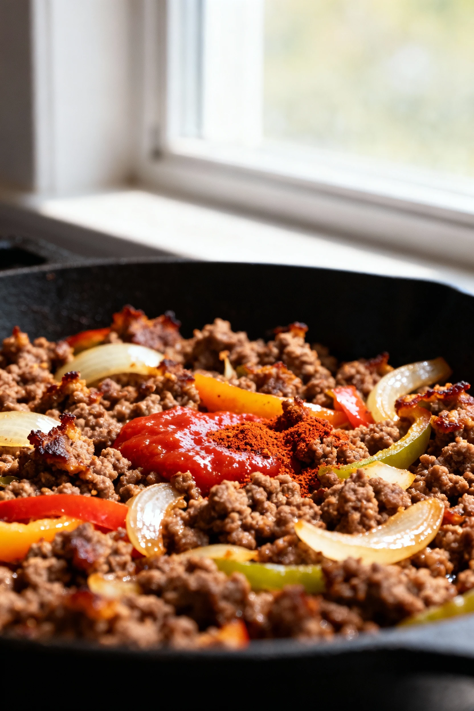 Close-up of deeply browned ground beef with crispy edges in a black skillet, onions and bell peppers glossy, tomato past