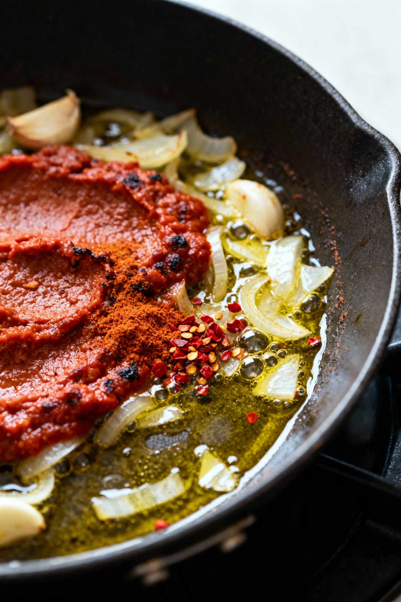 Cooking process: tomato paste toasting to a deep brick-red in olive oil with translucent onions and garlic; smoked papri