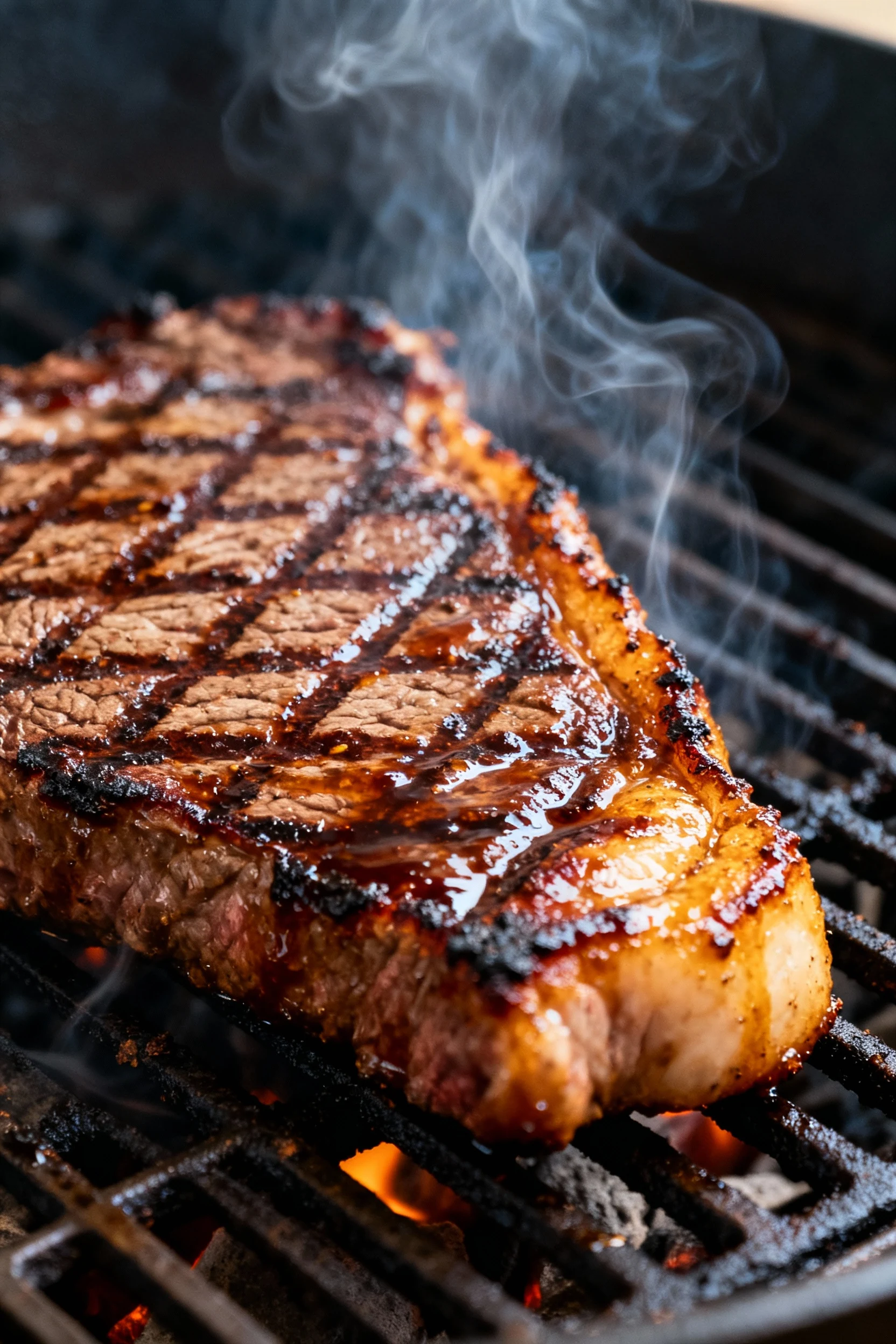 Flat iron steak sizzling over high-heat grill, brushed with coffee–chipotle char booster (strong coffee, chipotle, molas