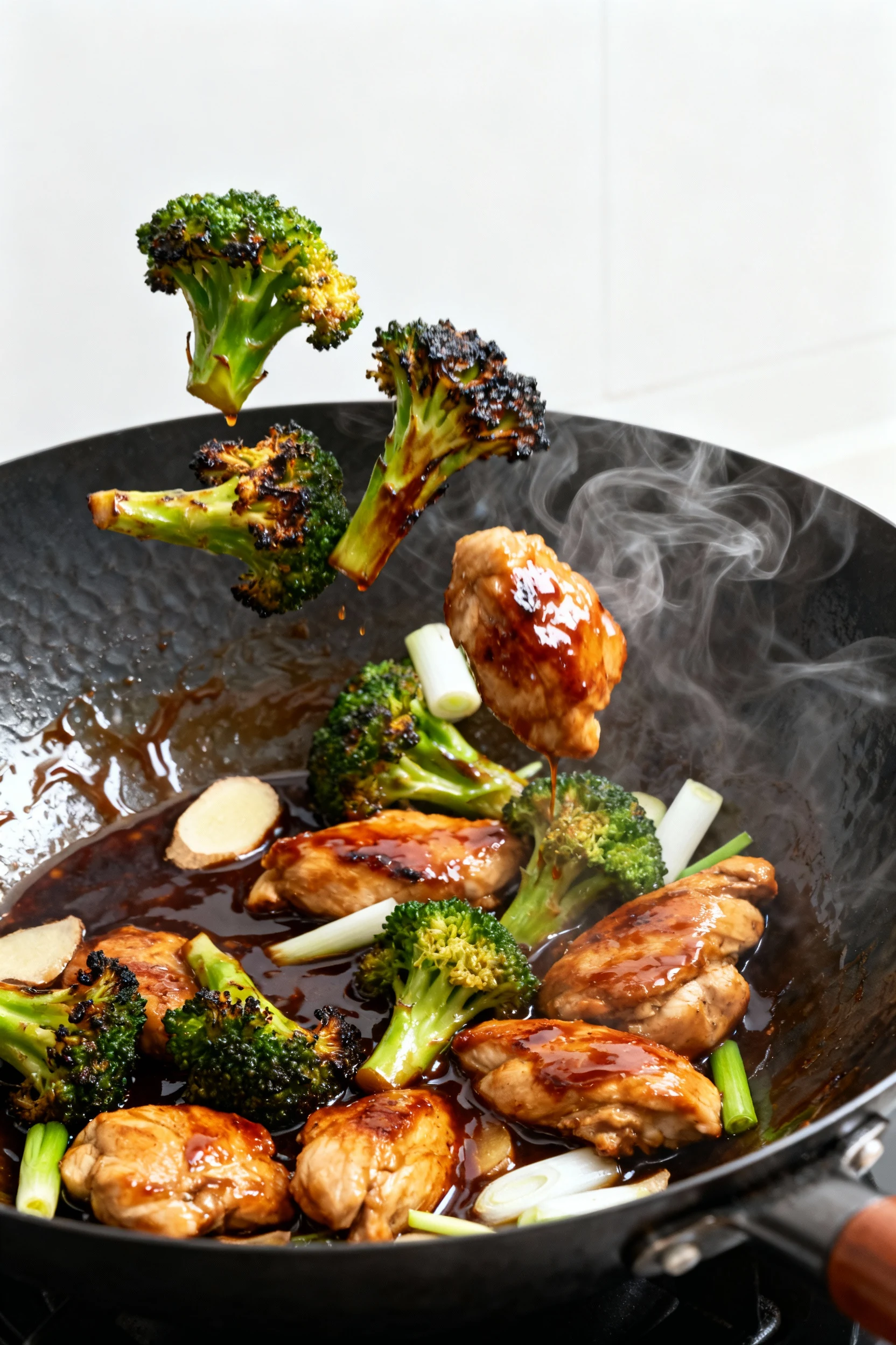Cooking process: Chicken & Broccoli Stir-Fry tossing in a rippling-hot wok as glossy soy–oyster sauce thickens; seared c