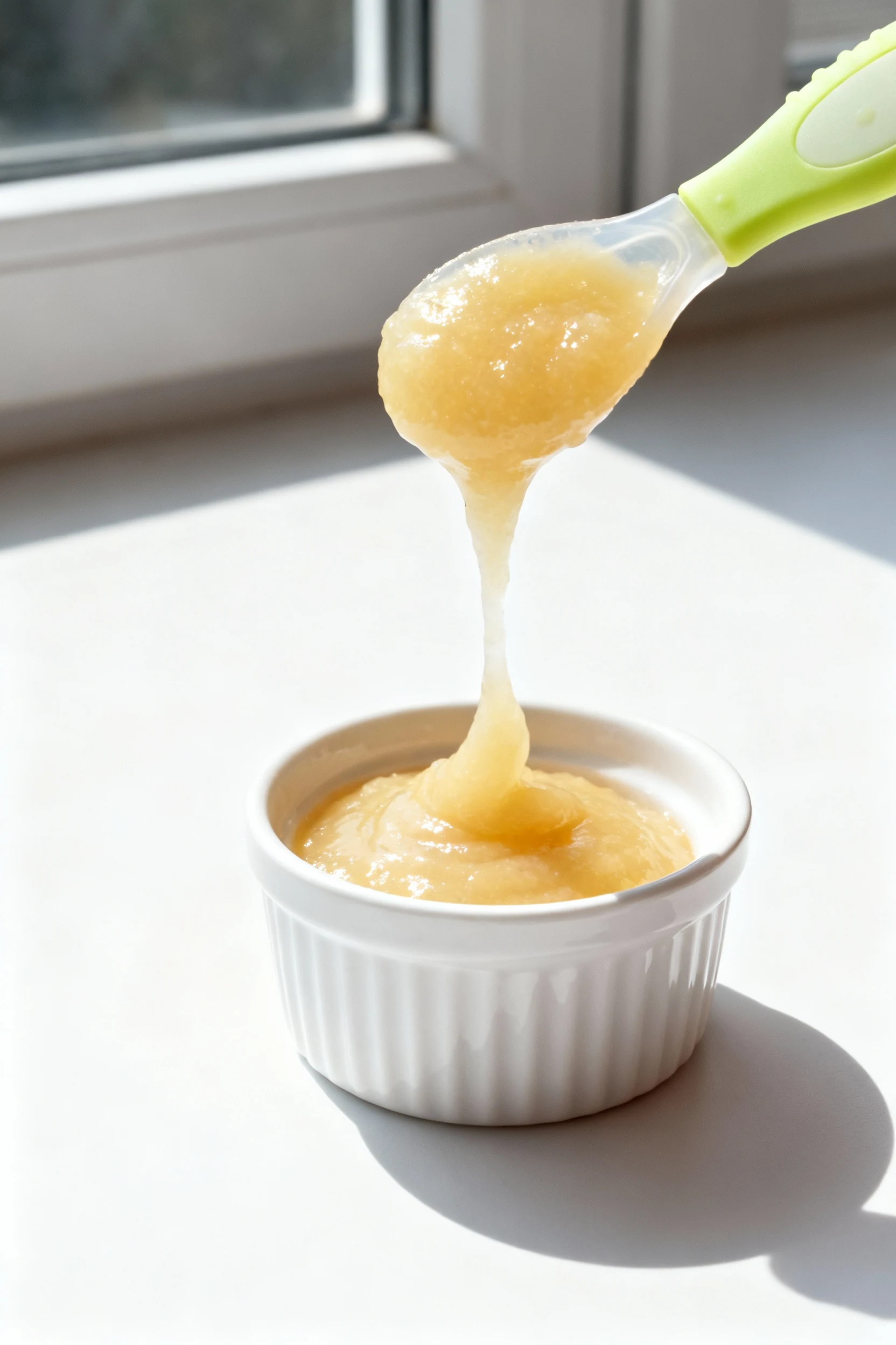 Close-up of silky steamed pear puree dripping off a silicone baby spoon into a tiny white ramekin; pale golden, glossy, 