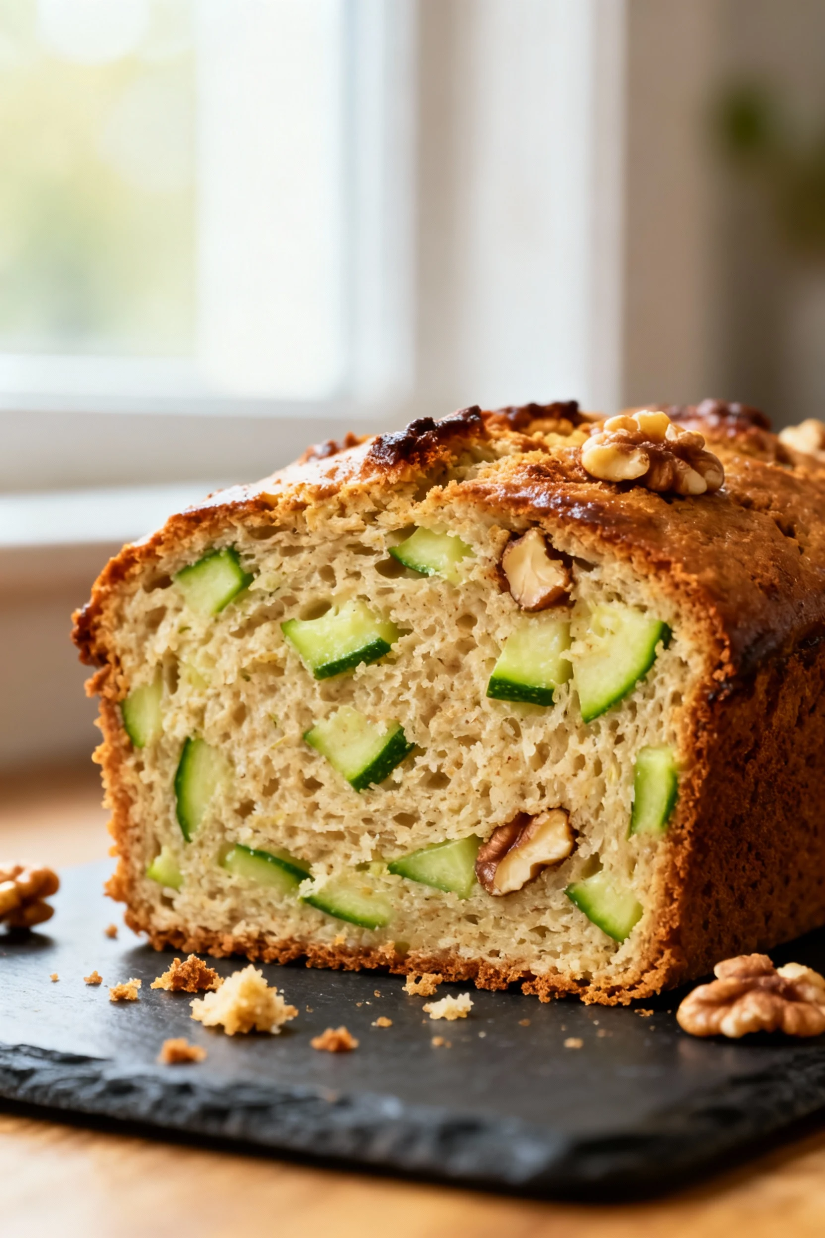 Macro close-up of a thick slice of zucchini bread showing ultra-moist crumb with emerald zucchini flecks and a carameliz