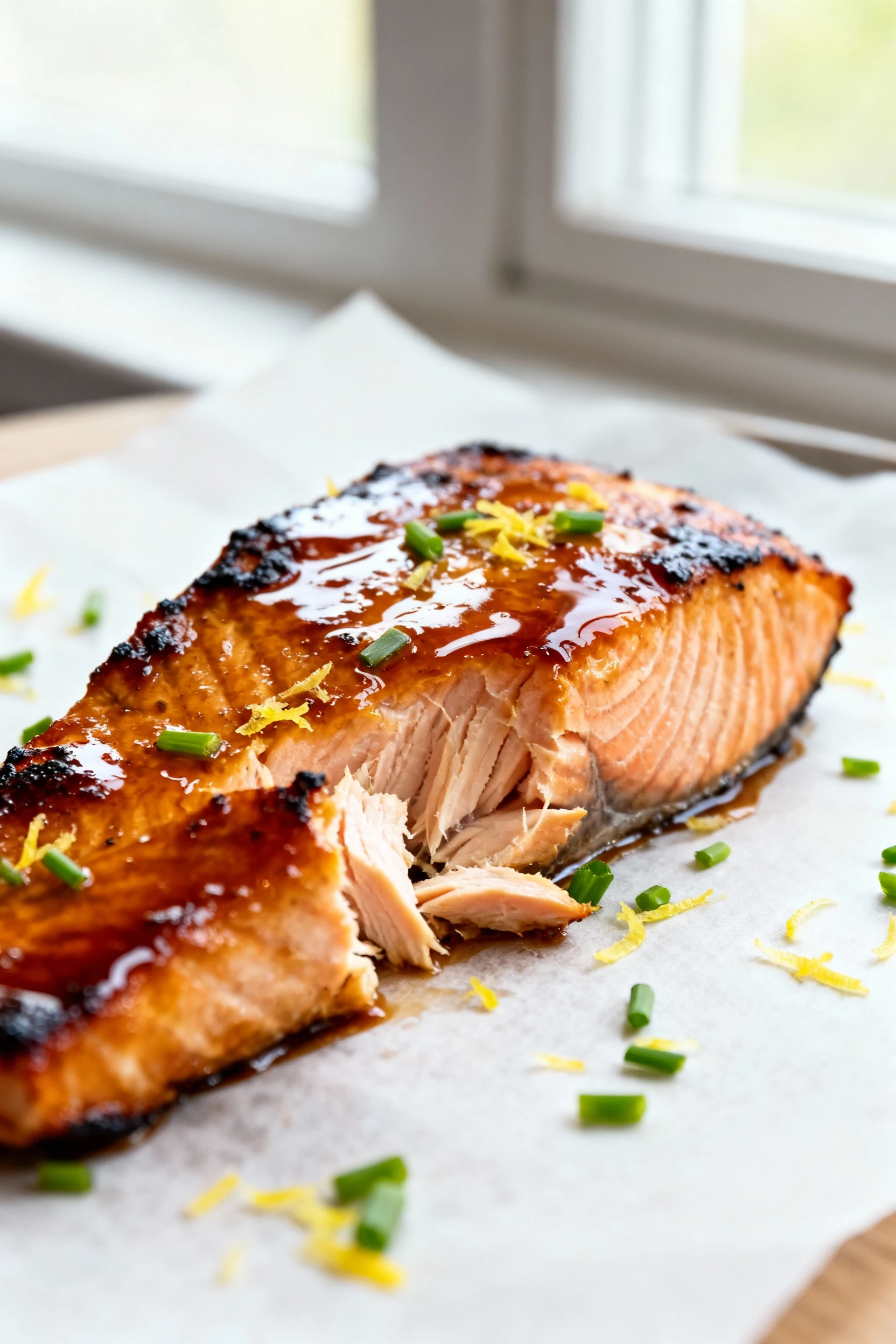 Close-up of honey-miso broiled salmon, caramelized edges and glossy amber glaze, tender flakes just separating; flecks o