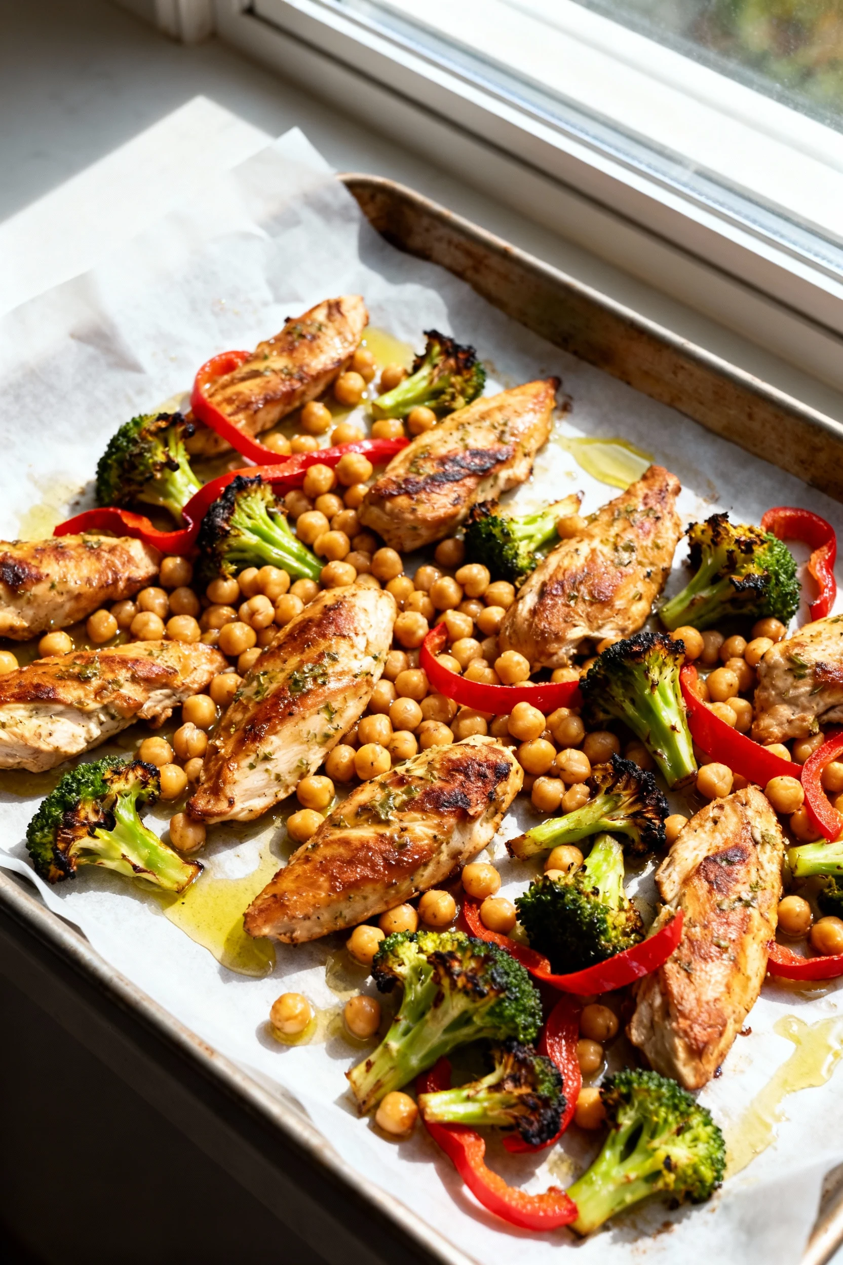 1. Overhead shot of freshly roasted One-Pan Lemon-Garlic Chicken with Chickpeas & Broccoli on parchment-lined sheet pan: