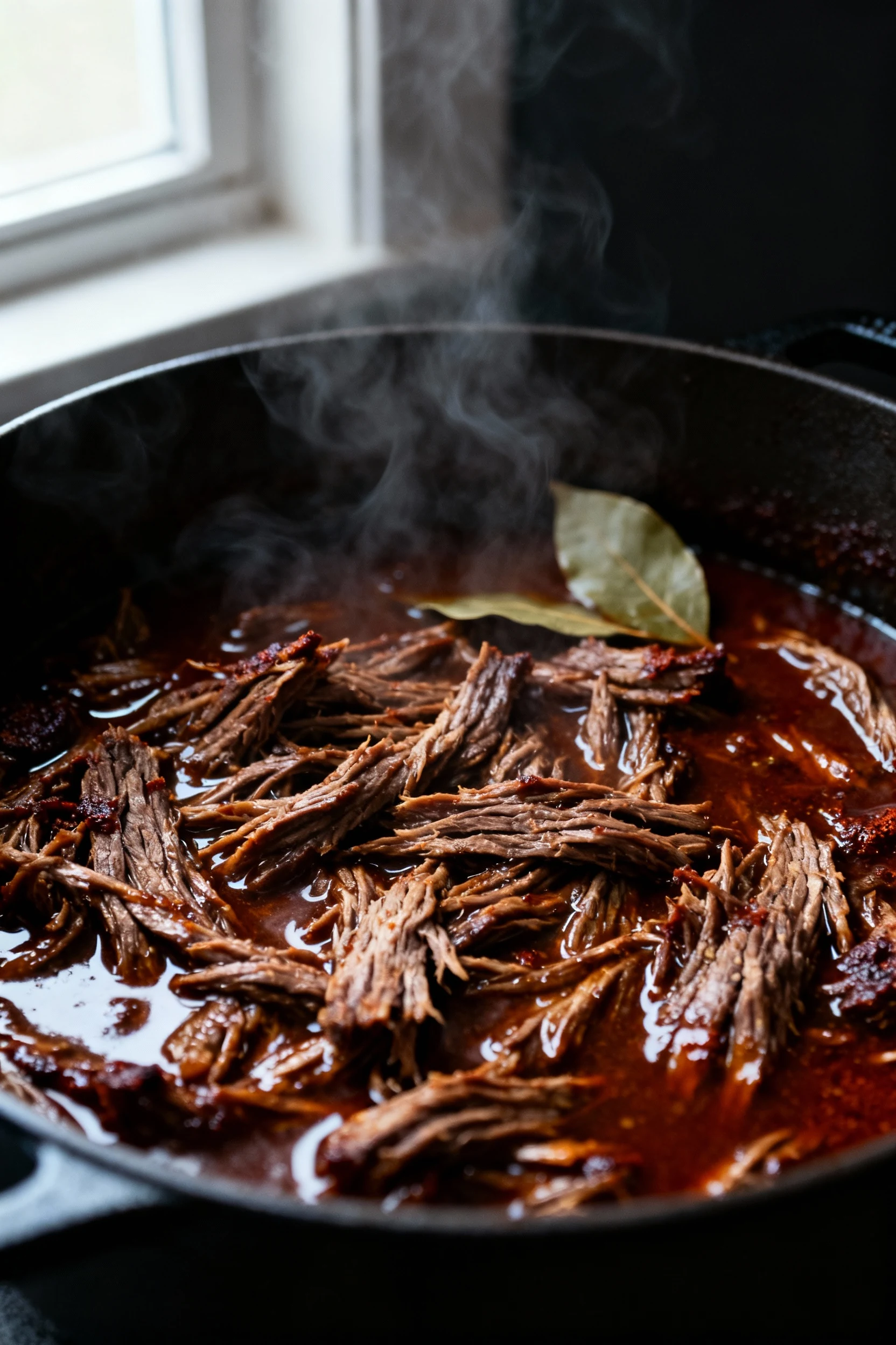 Close-up macro of shredded chuck beef strands just tossed in their glossy reduced sauce inside a Dutch oven; deep mahoga