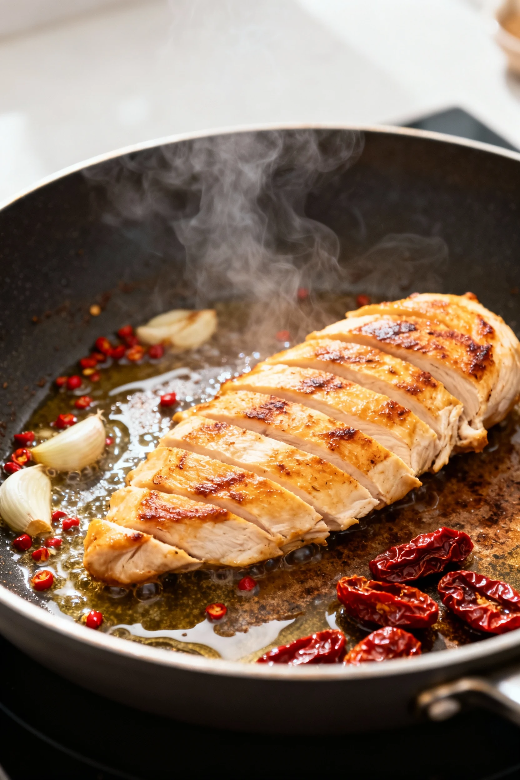 1. Close-up of golden-seared thin-sliced chicken in a 12-inch skillet, browned fond; garlic and red pepper flakes sizzli