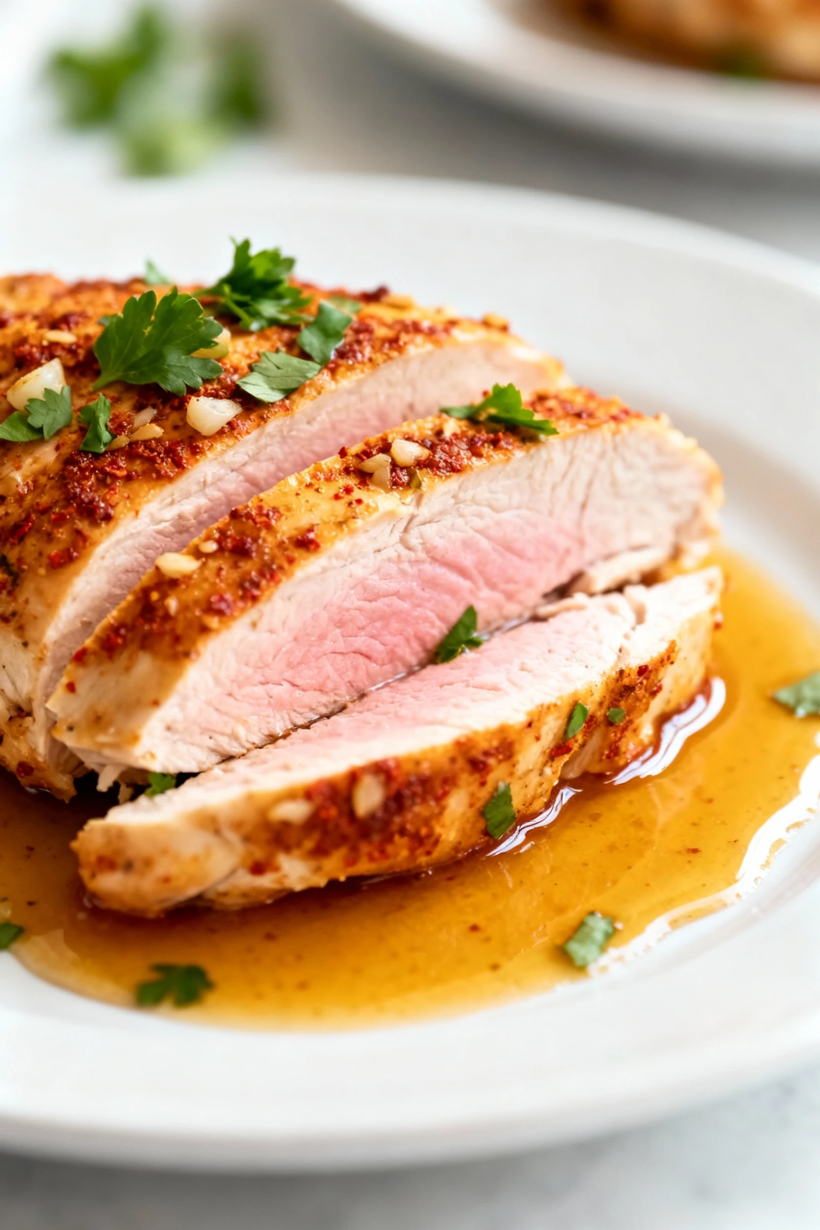 1. Close-up of sliced baked chicken breast showing juicy texture and paprika–garlic crust; glossy pan sauce and chopped 