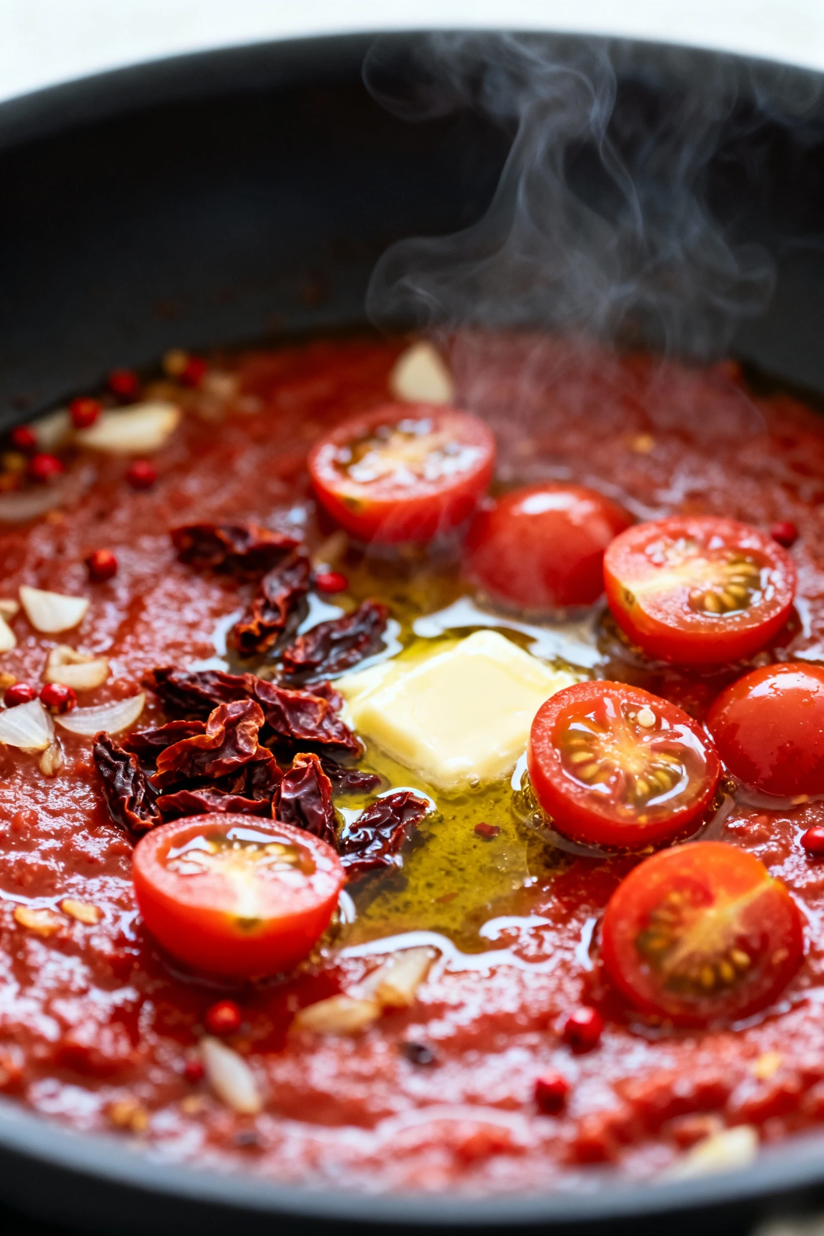 Close-up cooking process: tomato paste caramelizing with chopped sun-dried tomatoes as halved cherry tomatoes just begin