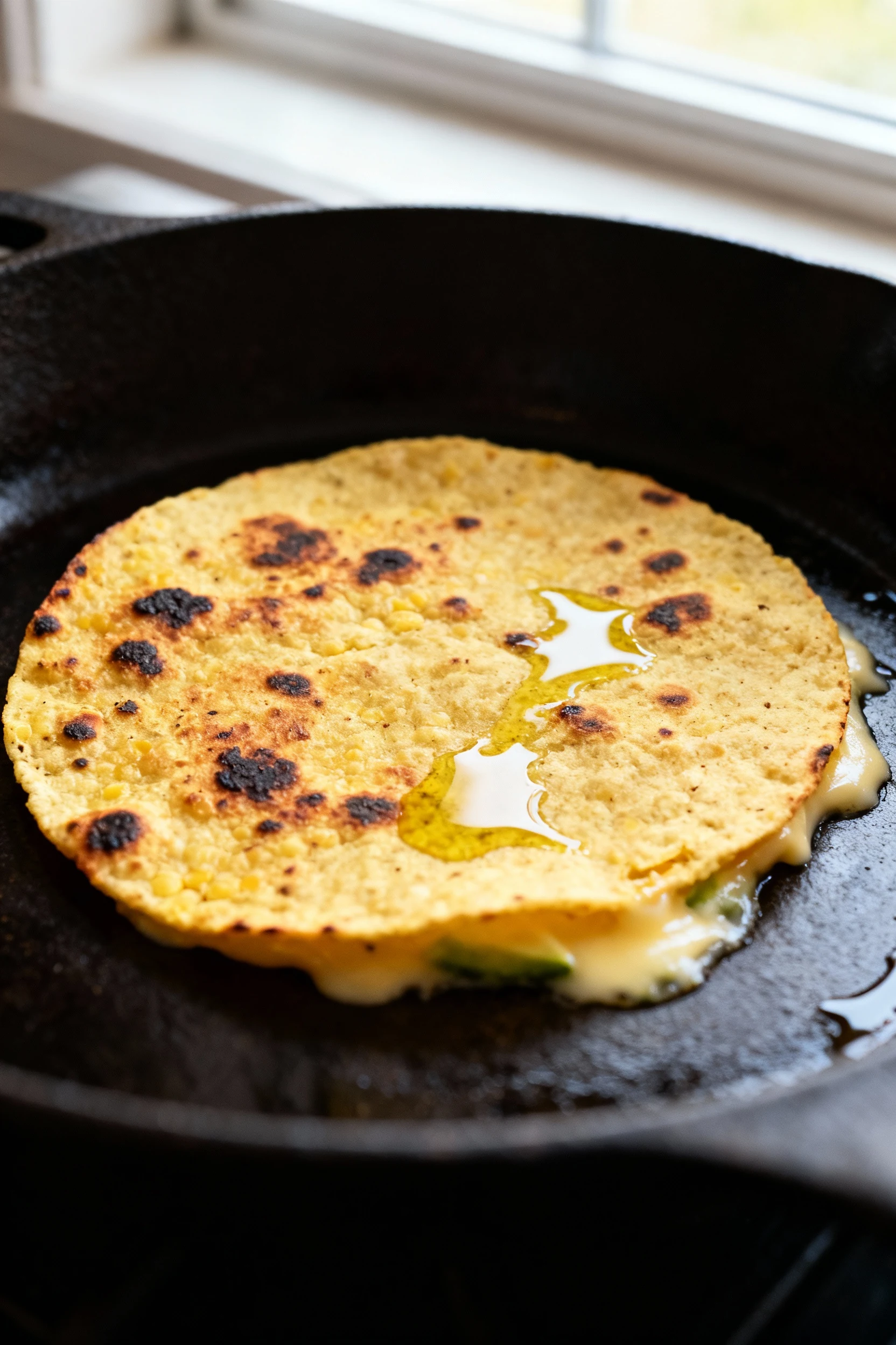 Close-up of a pan-seared corn tortilla in a cast iron skillet—charred speckles, crisp golden patches, tender center—thin