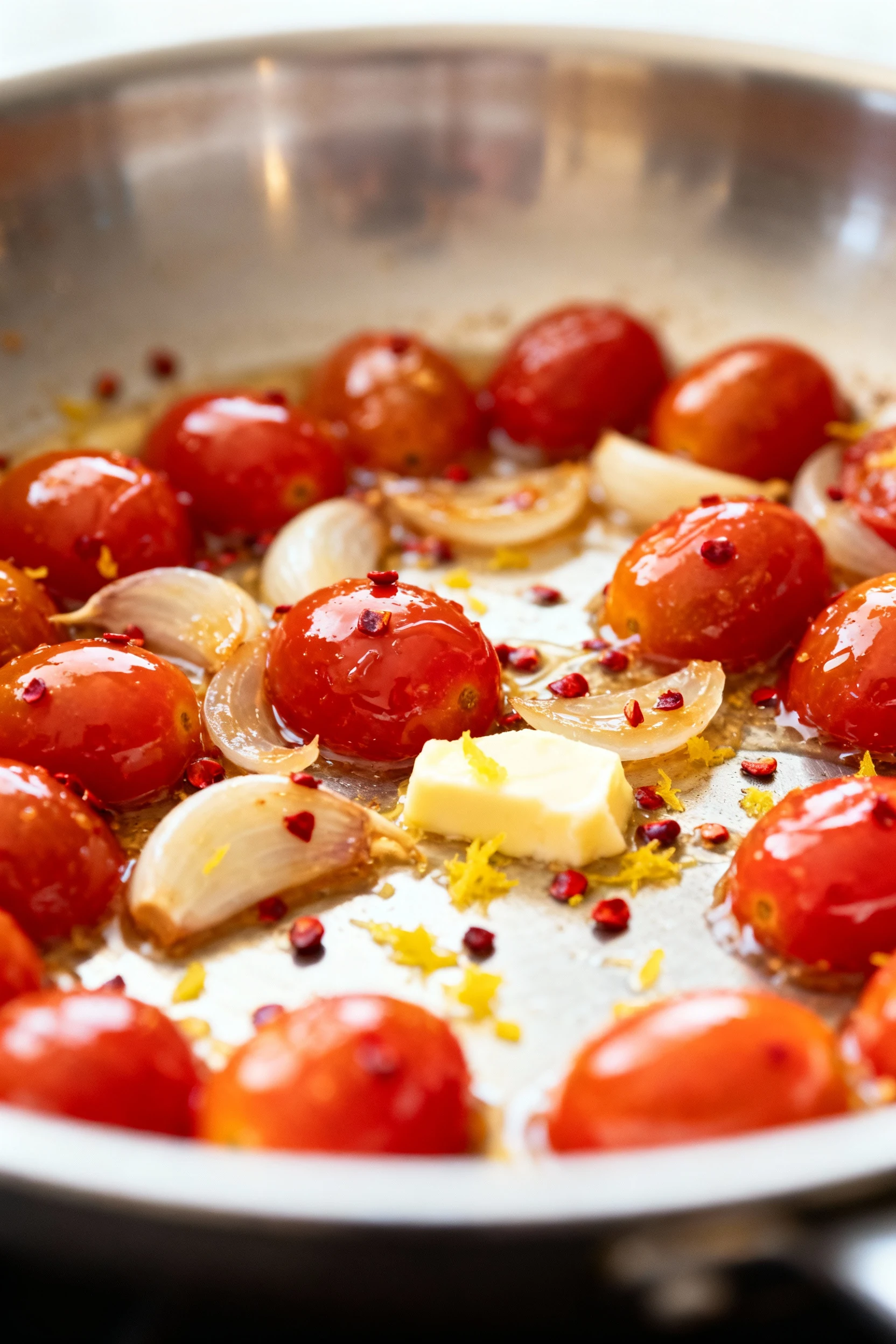 Close-up of simmered cherry tomato–garlic sauce with butter and lemon zest—softened tomatoes glossy, sliced garlic trans