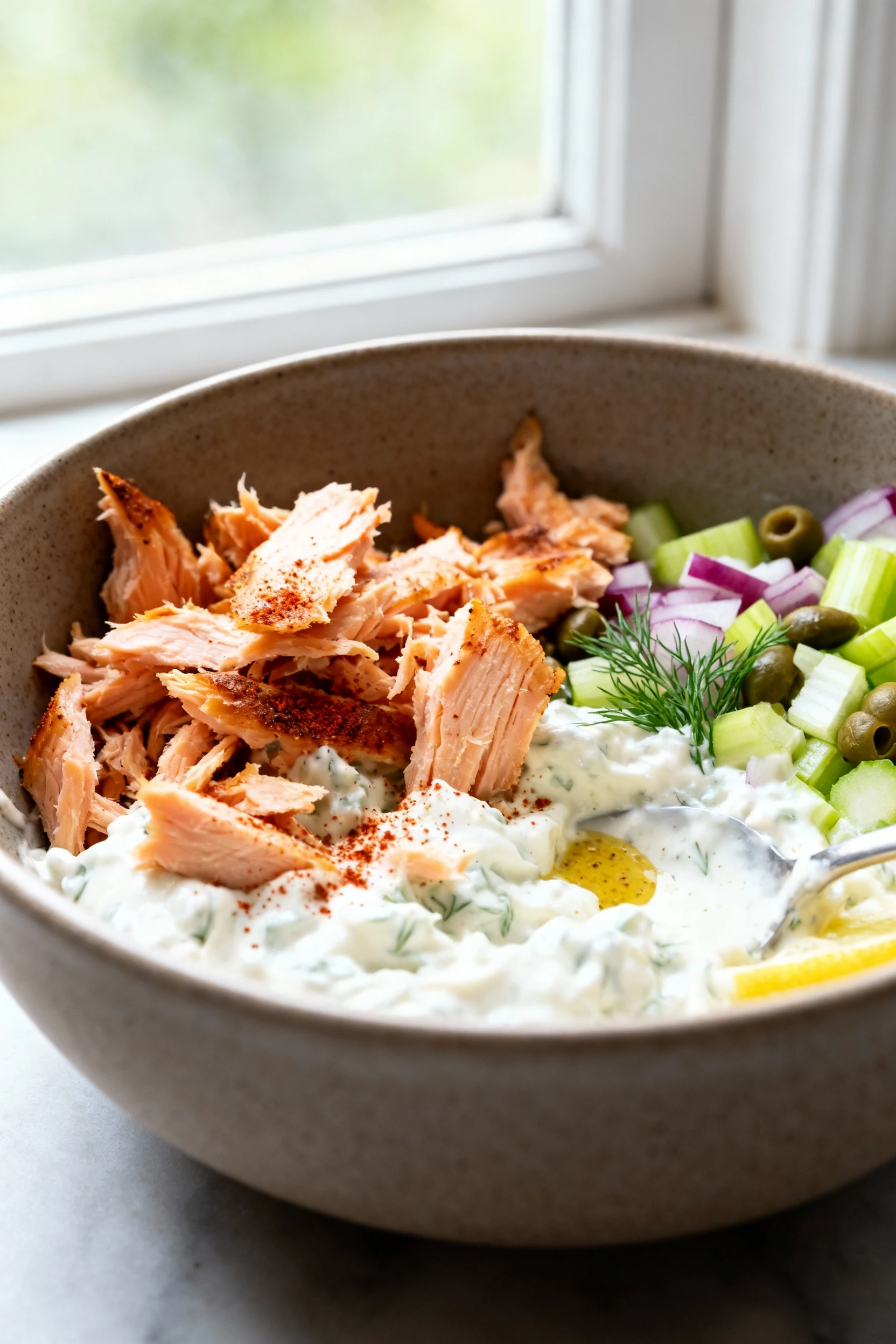 1. Close-up of cooled roasted salmon flakes being gently folded into a creamy Greek yogurt–mayo–Dijon–lemon dressing wit