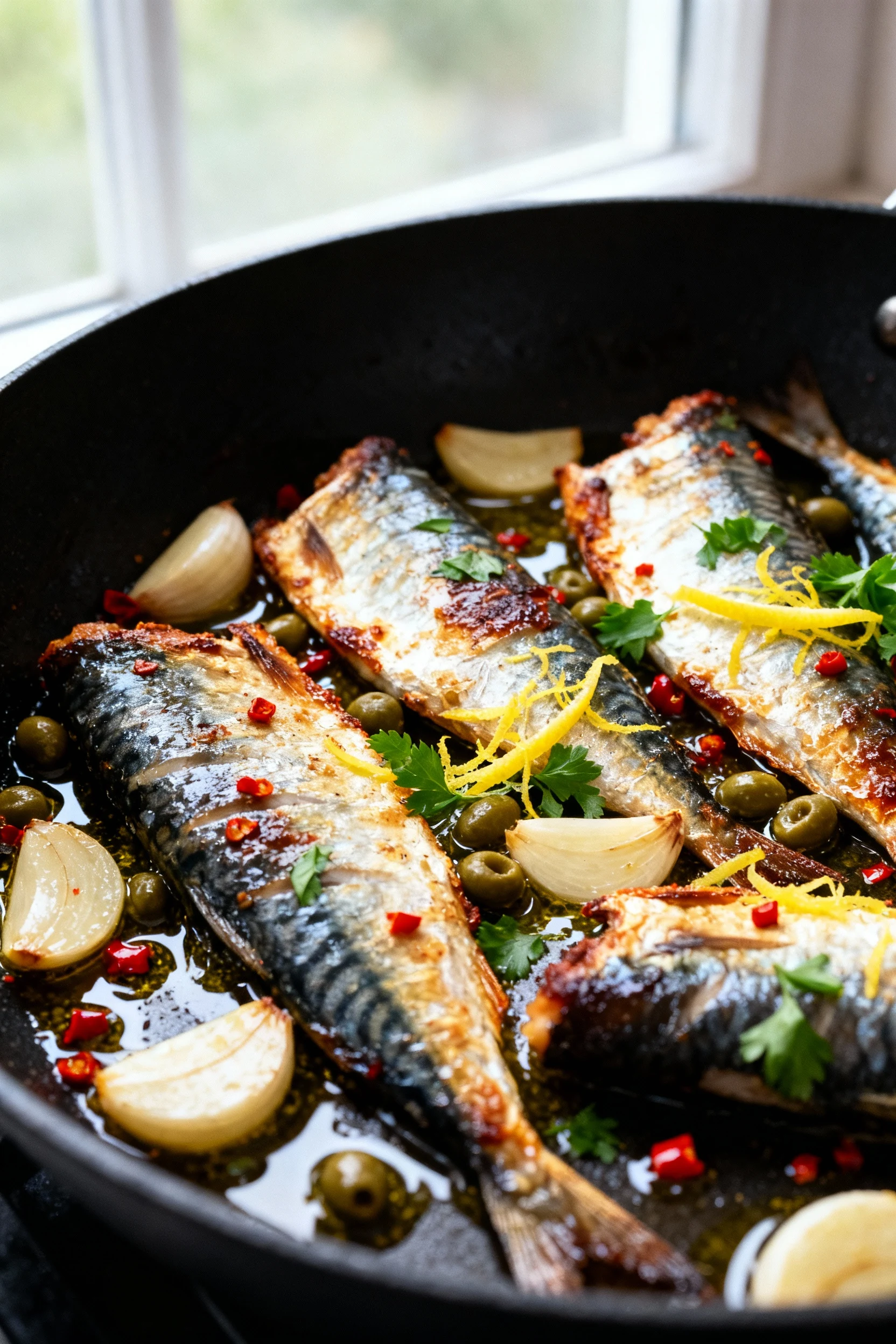 1. Close-up of crispy seared sardine fillets in a black skillet with golden garlic slices, sizzling capers, red pepper f
