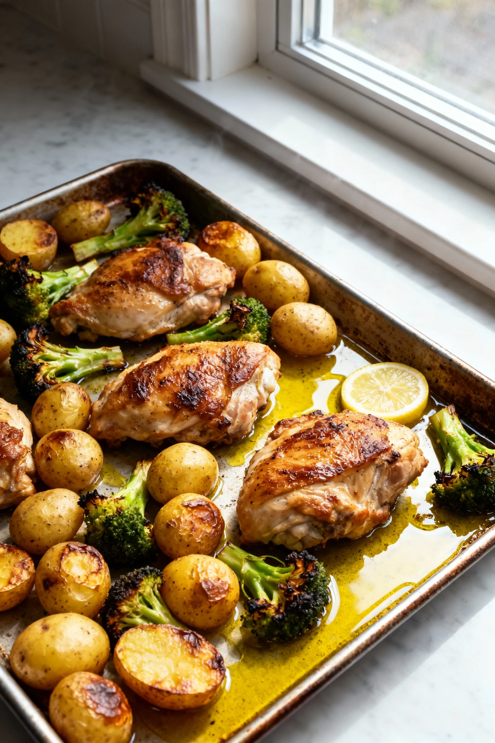1. Overhead of a hot rimmed sheet pan mid-roast at 425°F: baby potatoes already blistered and golden, chicken thighs beg
