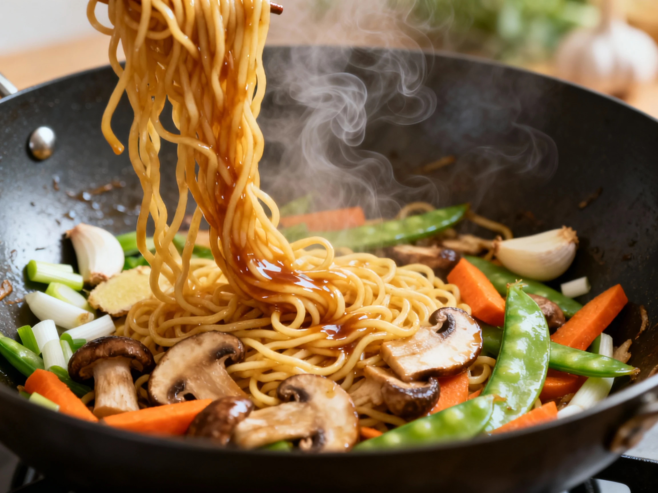 Food photography, Egg noodles being tossed in a hot wok, coated in a silky soy–oyster glaze emulsified with reserved noo