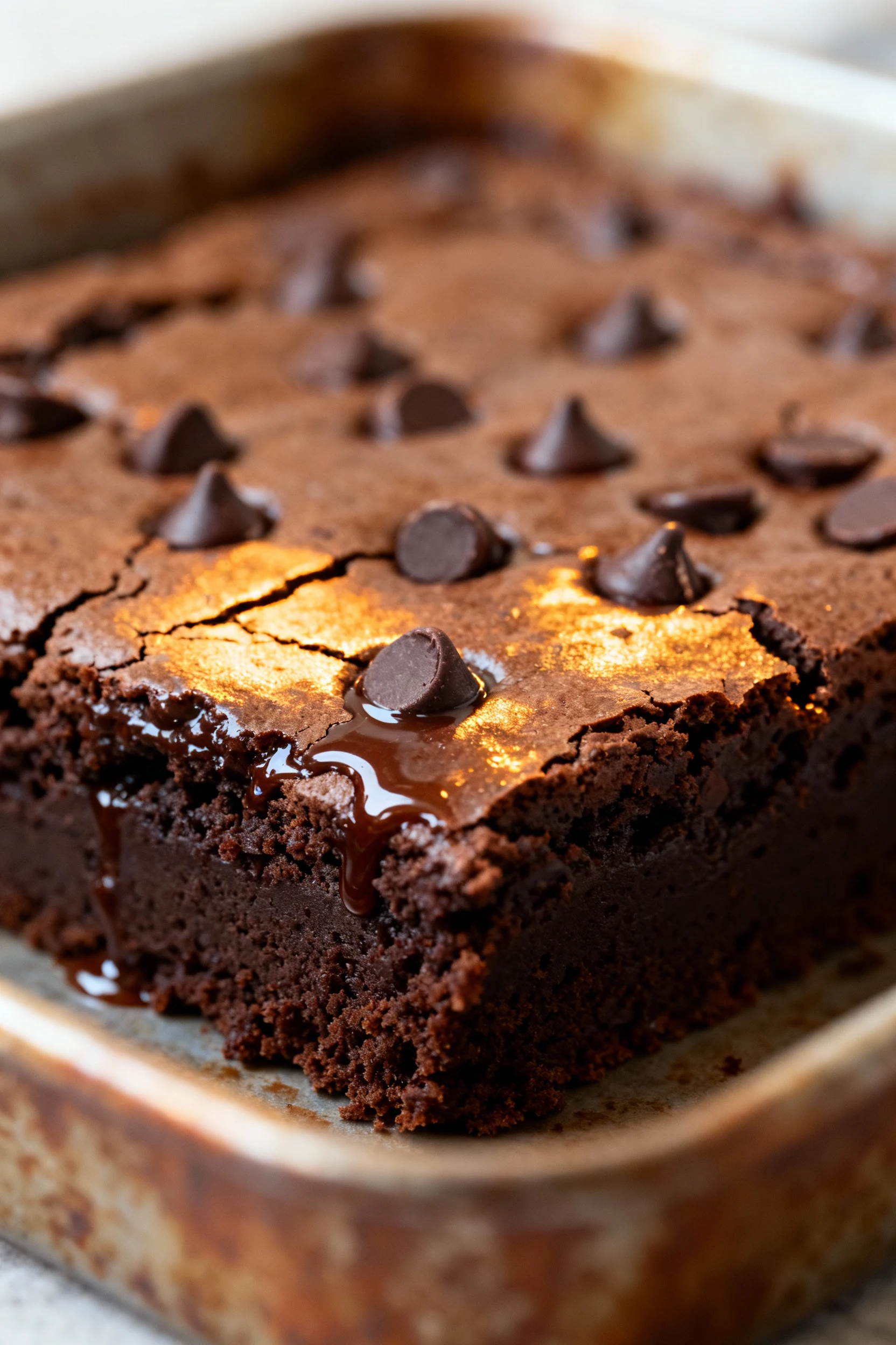 Close-up of freshly baked brownies cooling in the pan, crackly top glistening with melted semi-sweet chocolate chips, ri