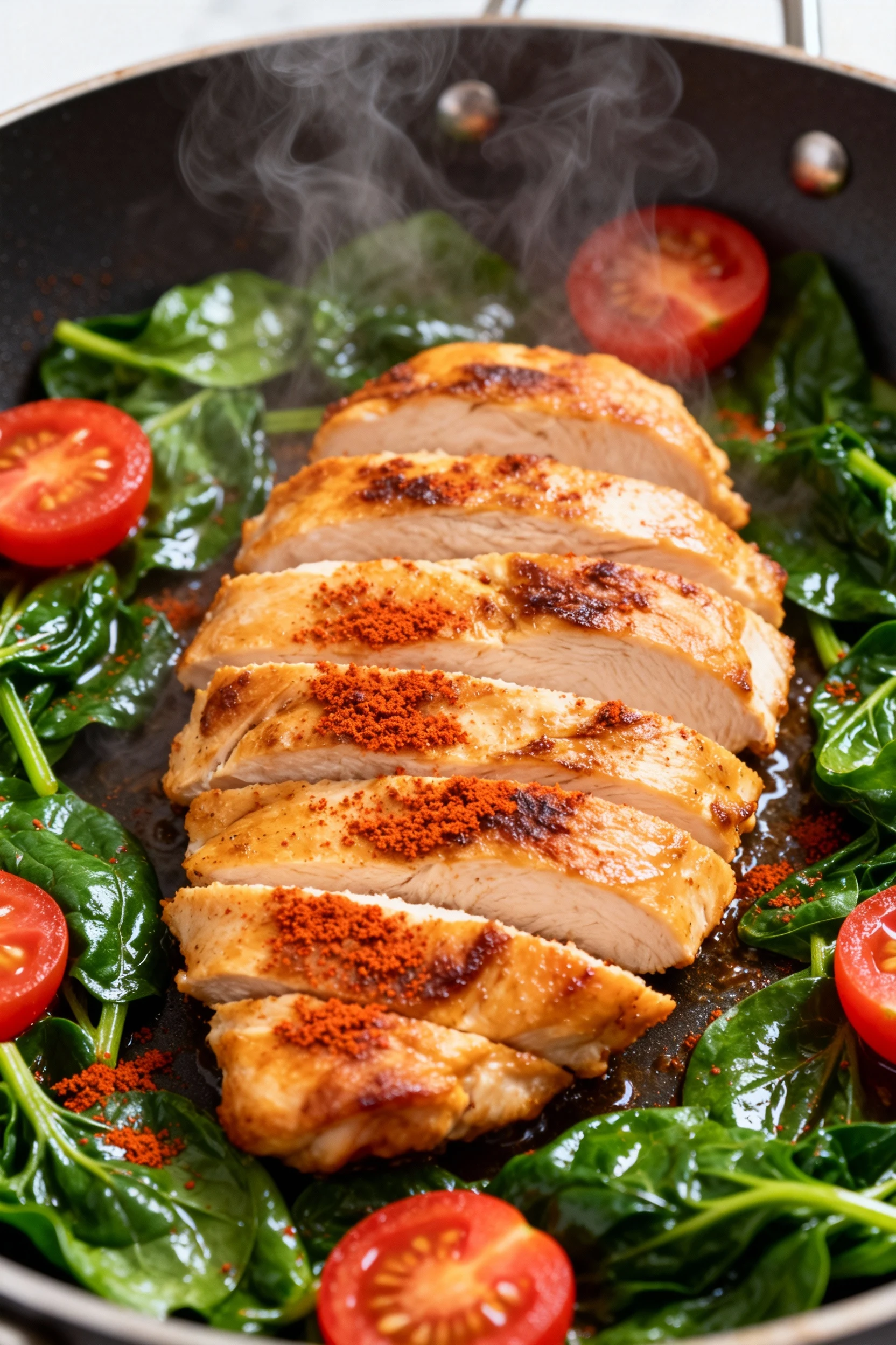 Close-up of golden-brown sliced chicken breast sizzling in a skillet with paprika-dusted edges, surrounded by glistening