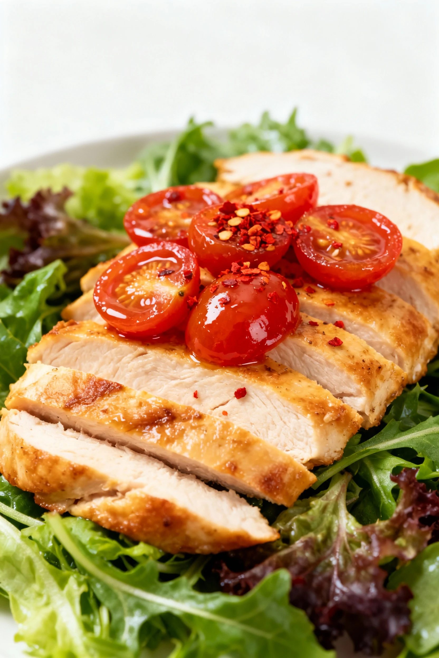 Close-up of golden-brown sliced chicken breast layered over vibrant mixed greens, topped with glistening sautéed cherry 