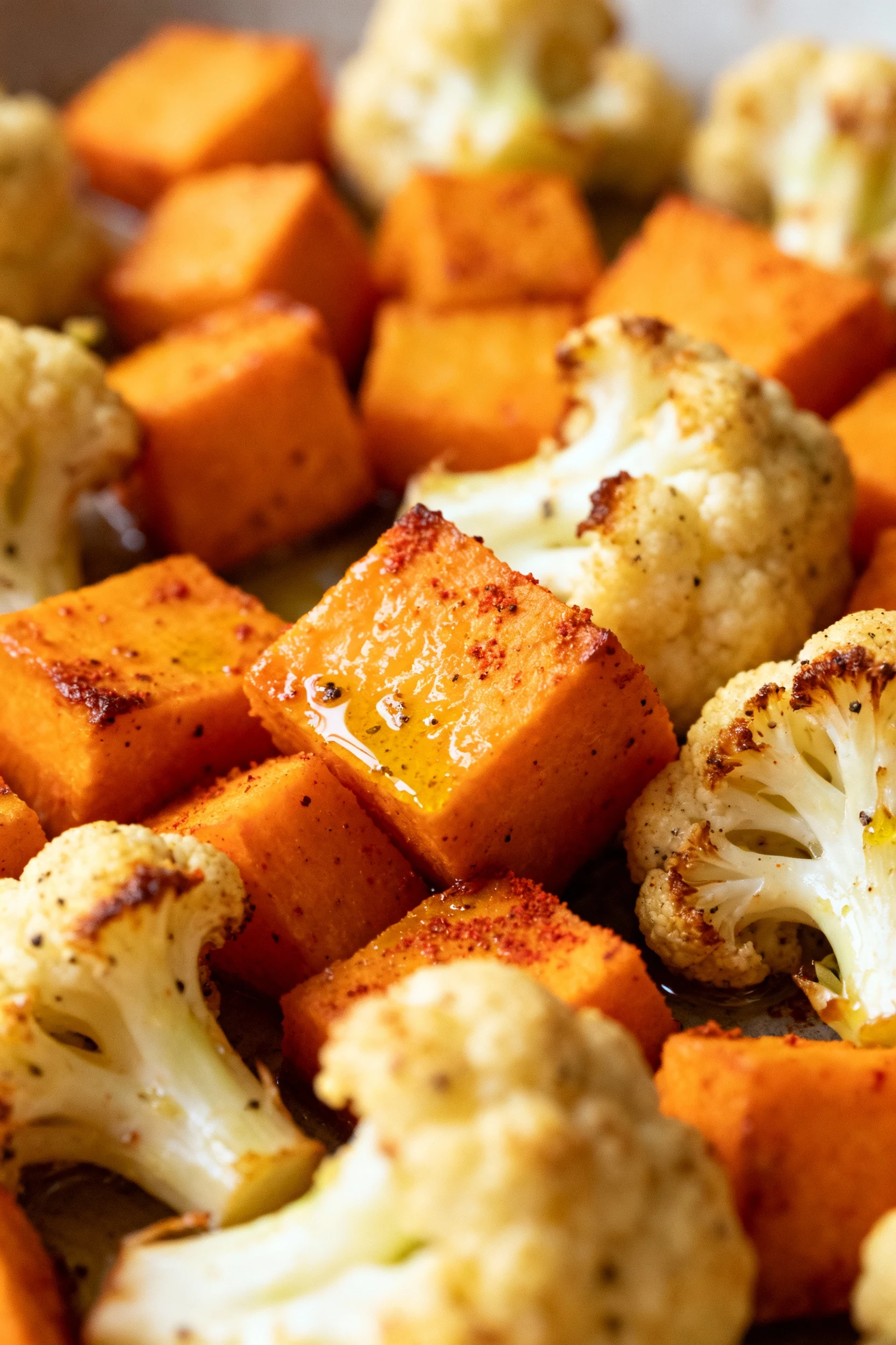 Close-up of golden roasted sweet potato cubes and cauliflower florets glistening with olive oil, paprika, and cumin, cri