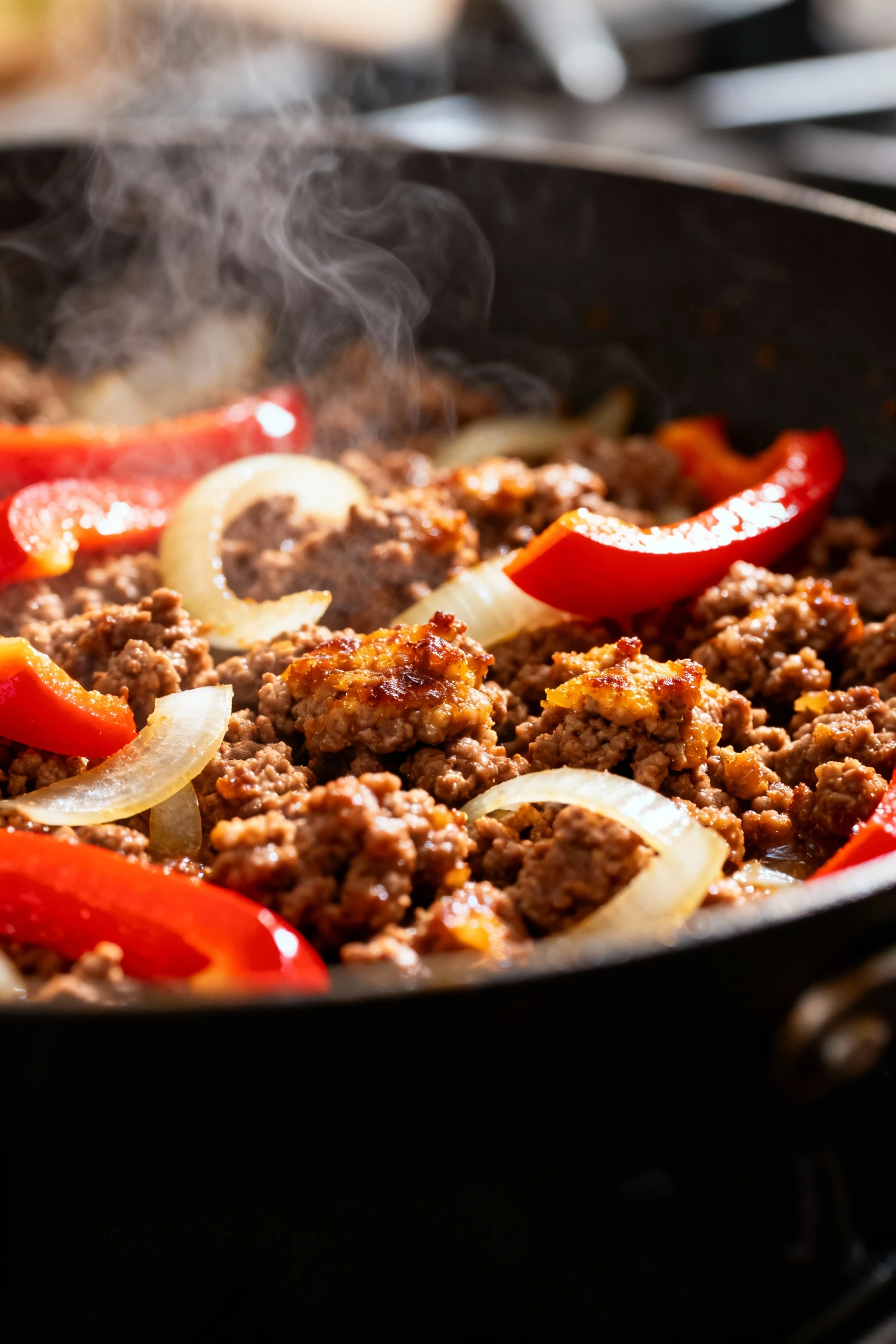 Close-up of sizzling browned ground beef mixed with softened onions and red bell peppers in a skillet, steam rising, ric