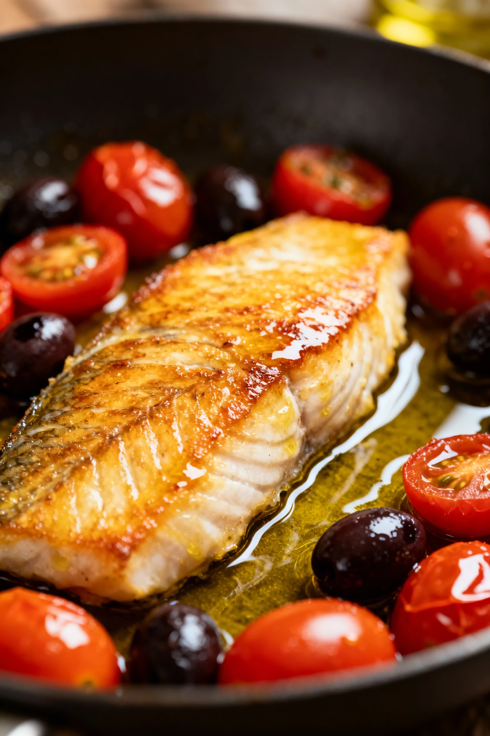 Close-up of golden-seared fish fillet in a pan, glistening with extra virgin olive oil, surrounded by softened cherry to