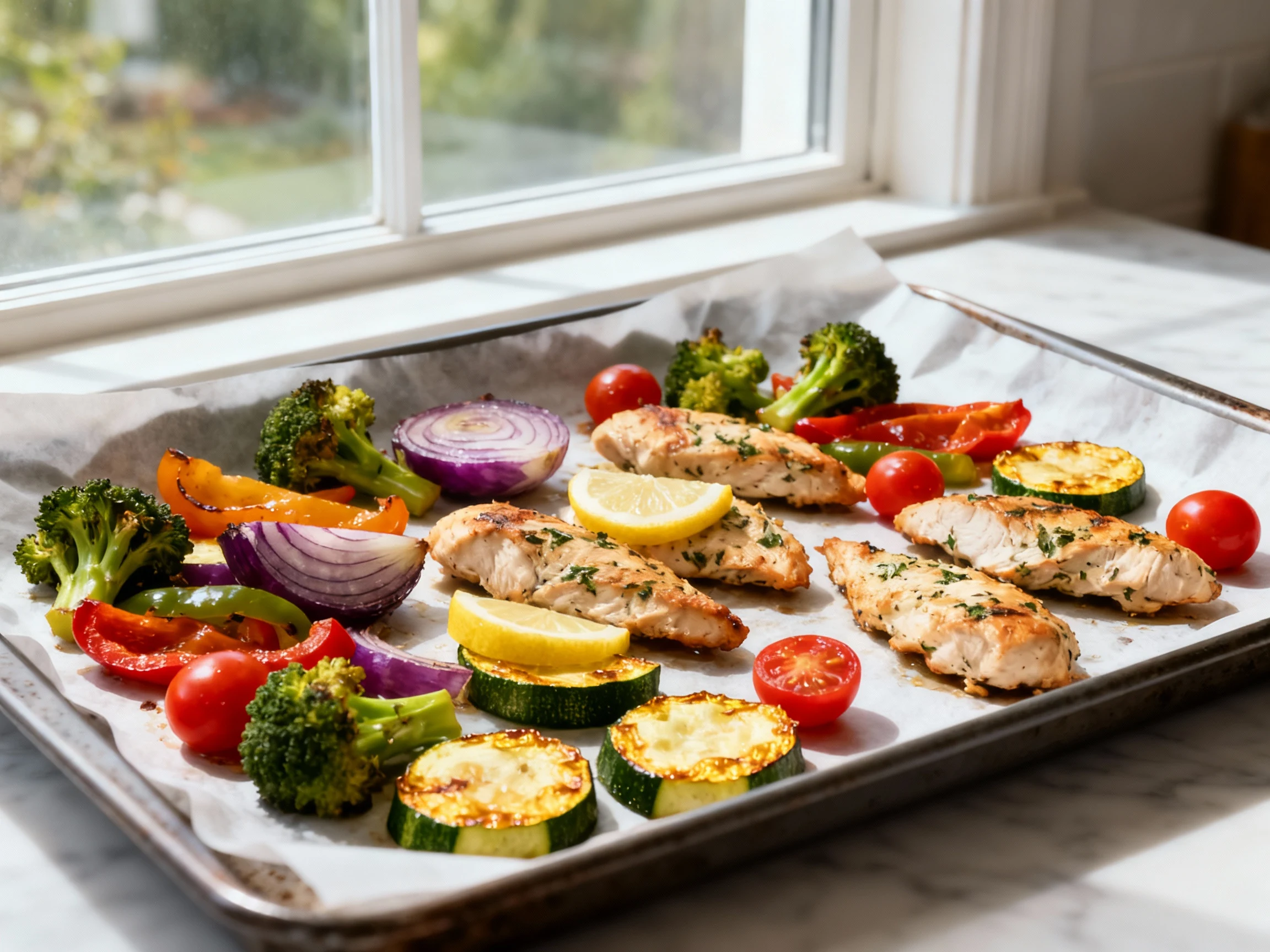 Food photography, Sheet pan lemon-herb chicken strips and roasted broccoli, peppers, red onion, zucchini—golden edges at