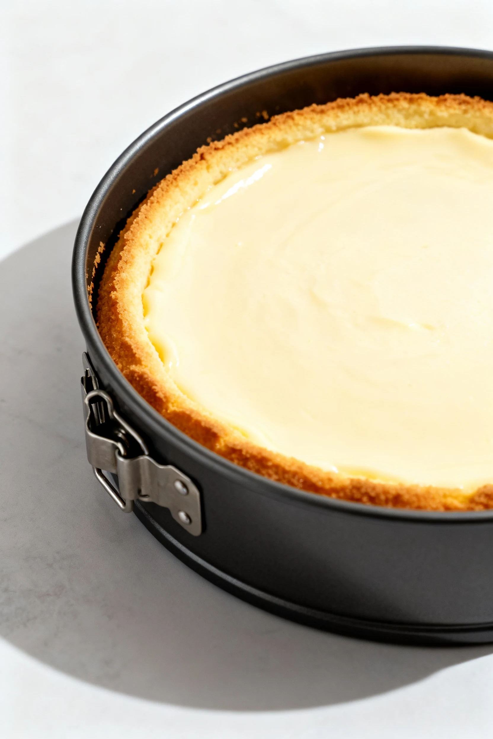 Close-up of a freshly baked classic New York-style cheesecake in its springform pan, golden edges with a creamy center t