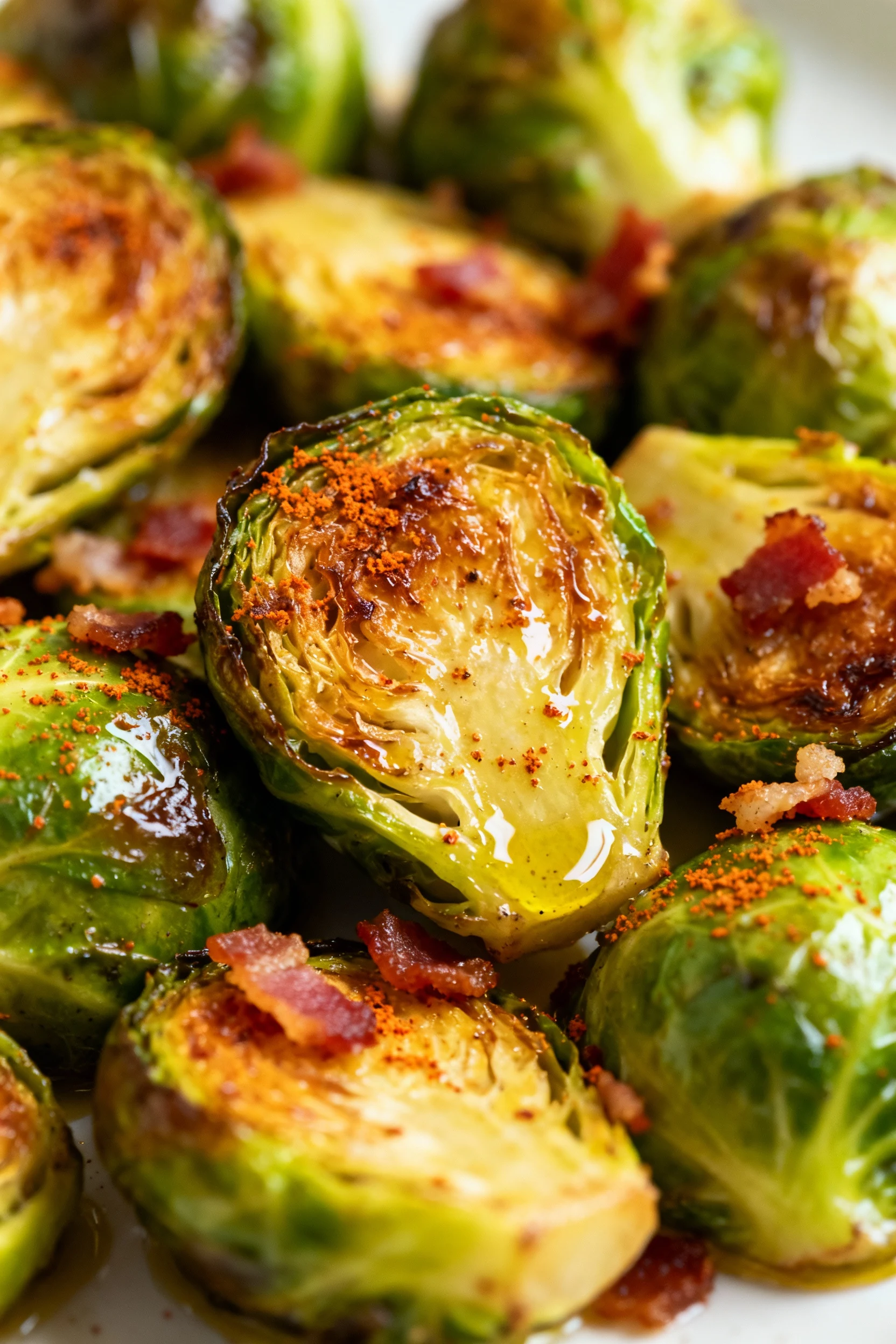 Close-up of roasted brussel sprouts with golden-brown caramelized edges, glistening olive oil sheen, sprinkled with smok