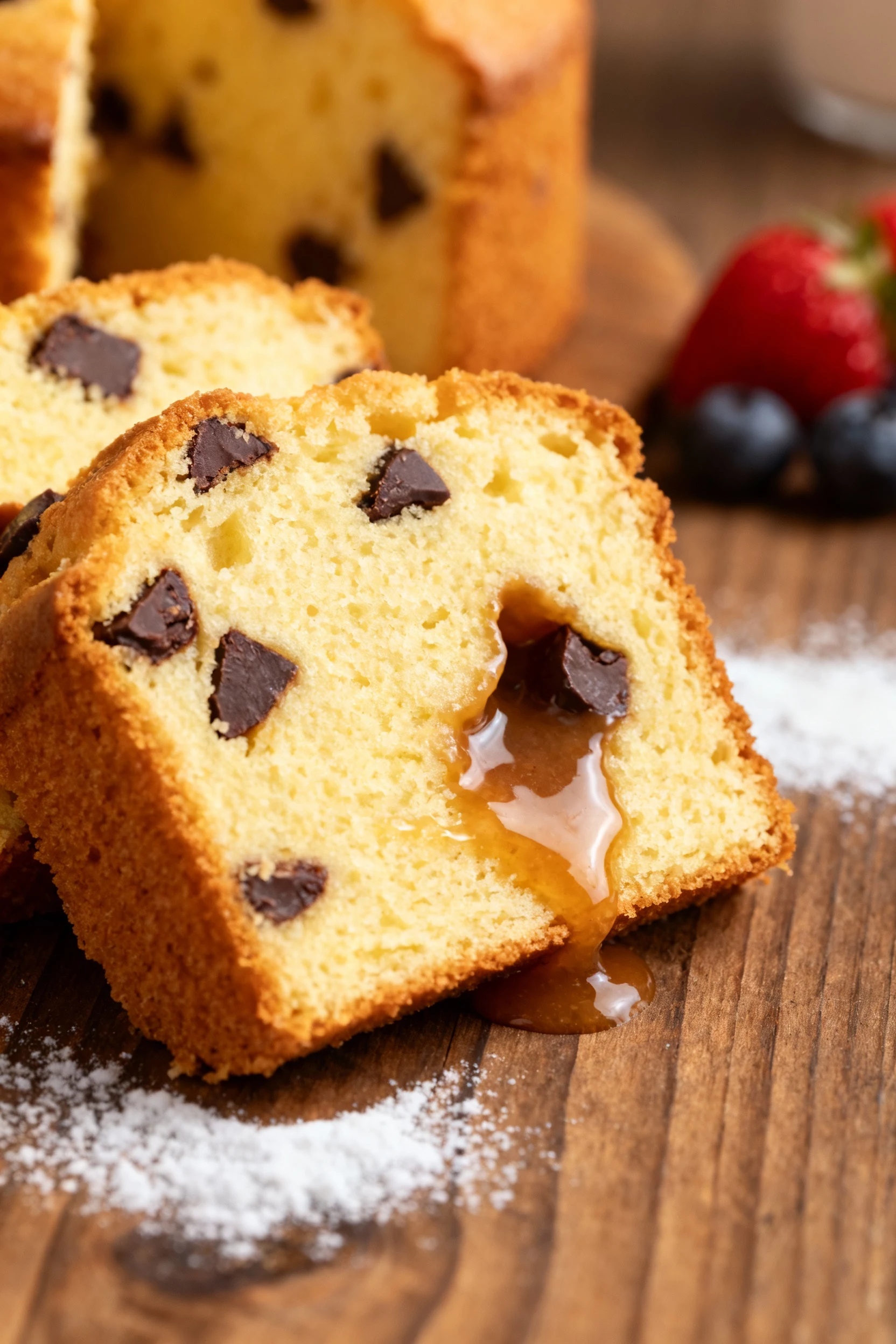 Close-up of golden-brown cake slice revealing soft, moist crumb and melted chocolate chip pockets, shallow depth of fiel