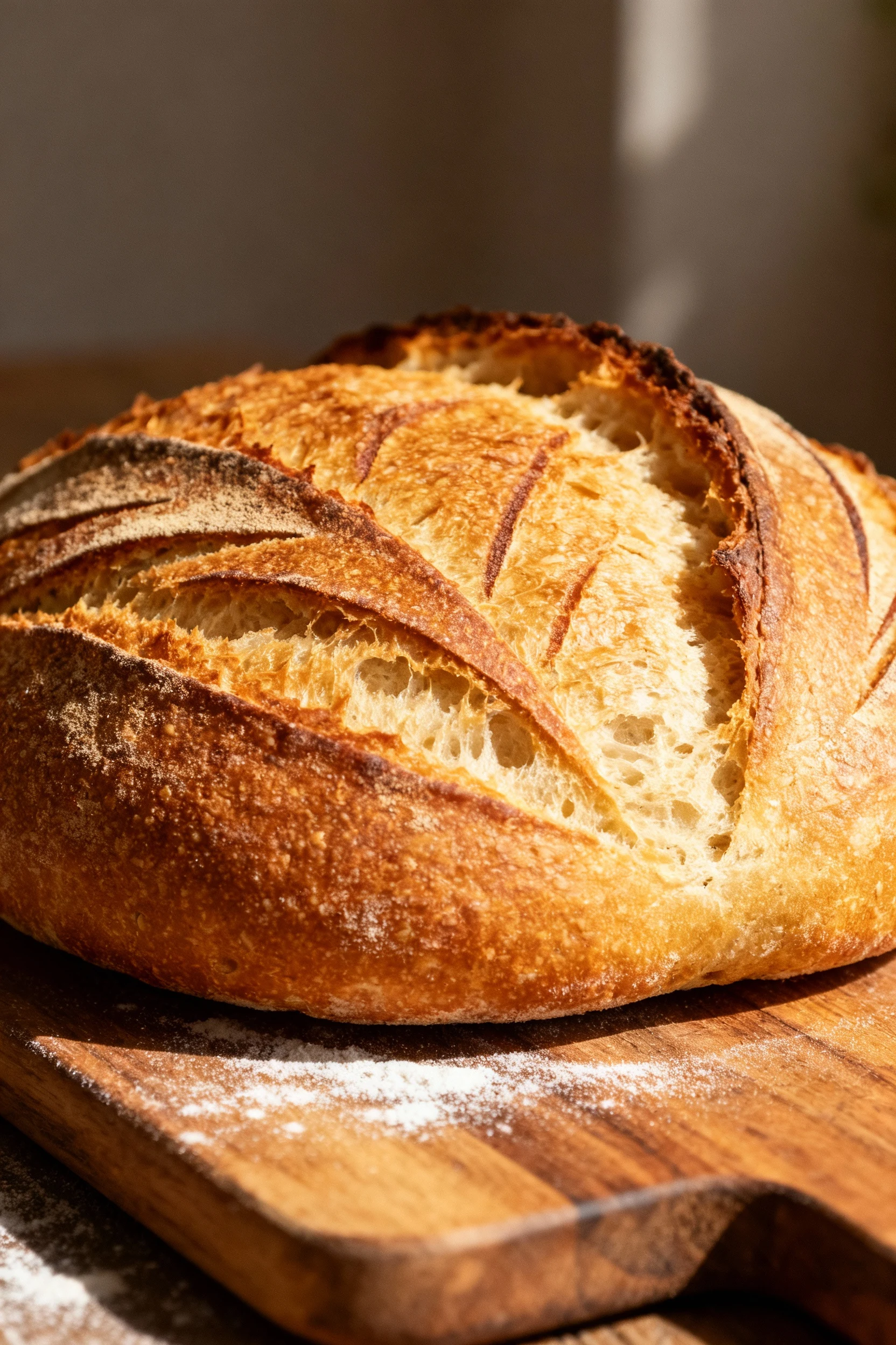 Close-up of a golden-brown artisan loaf fresh out of the oven, crisp crust with delicate scoring lines revealing soft ai