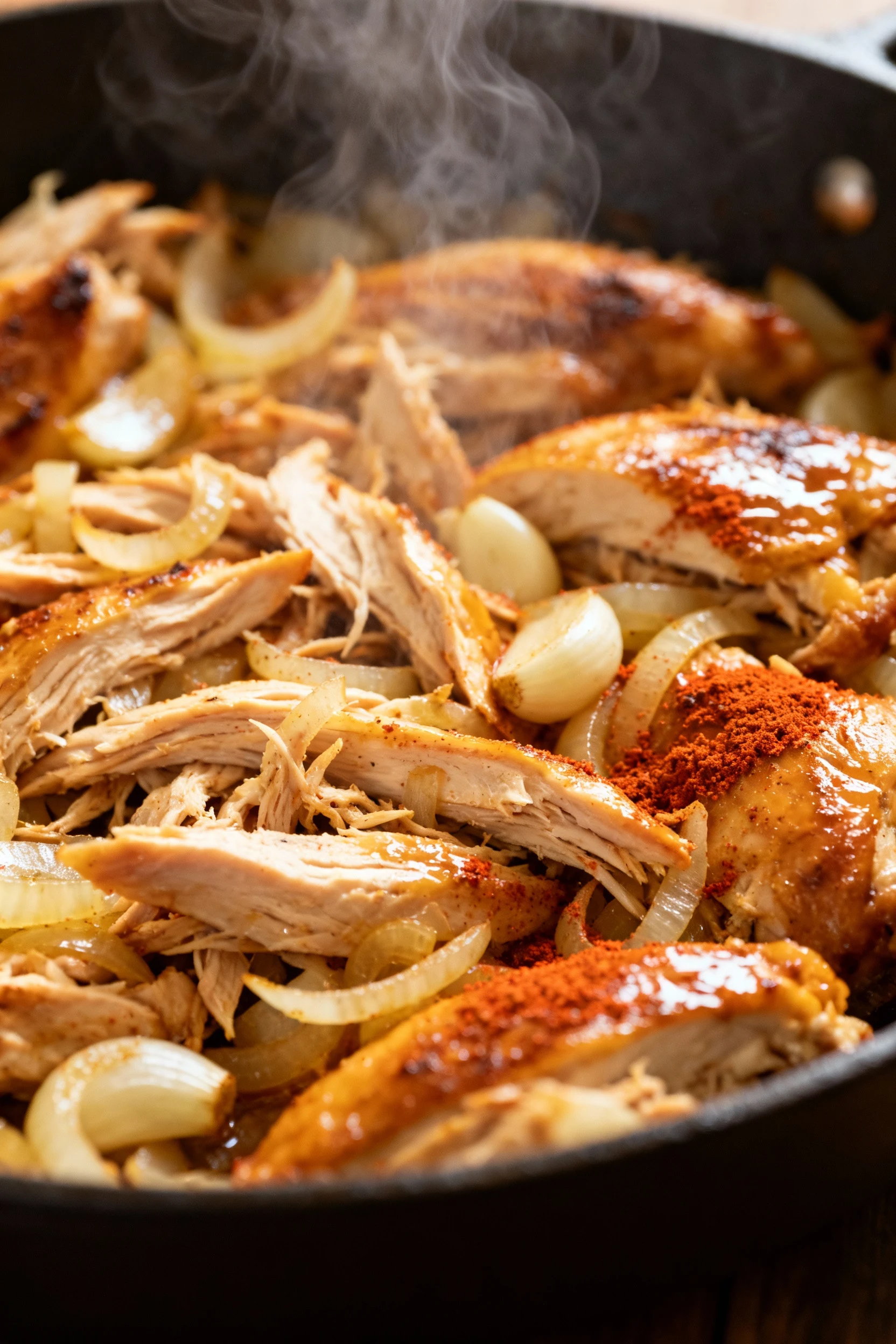 Close-up of juicy shredded rotisserie chicken tossed with sautéed onions, garlic, and paprika in a skillet, steam rising