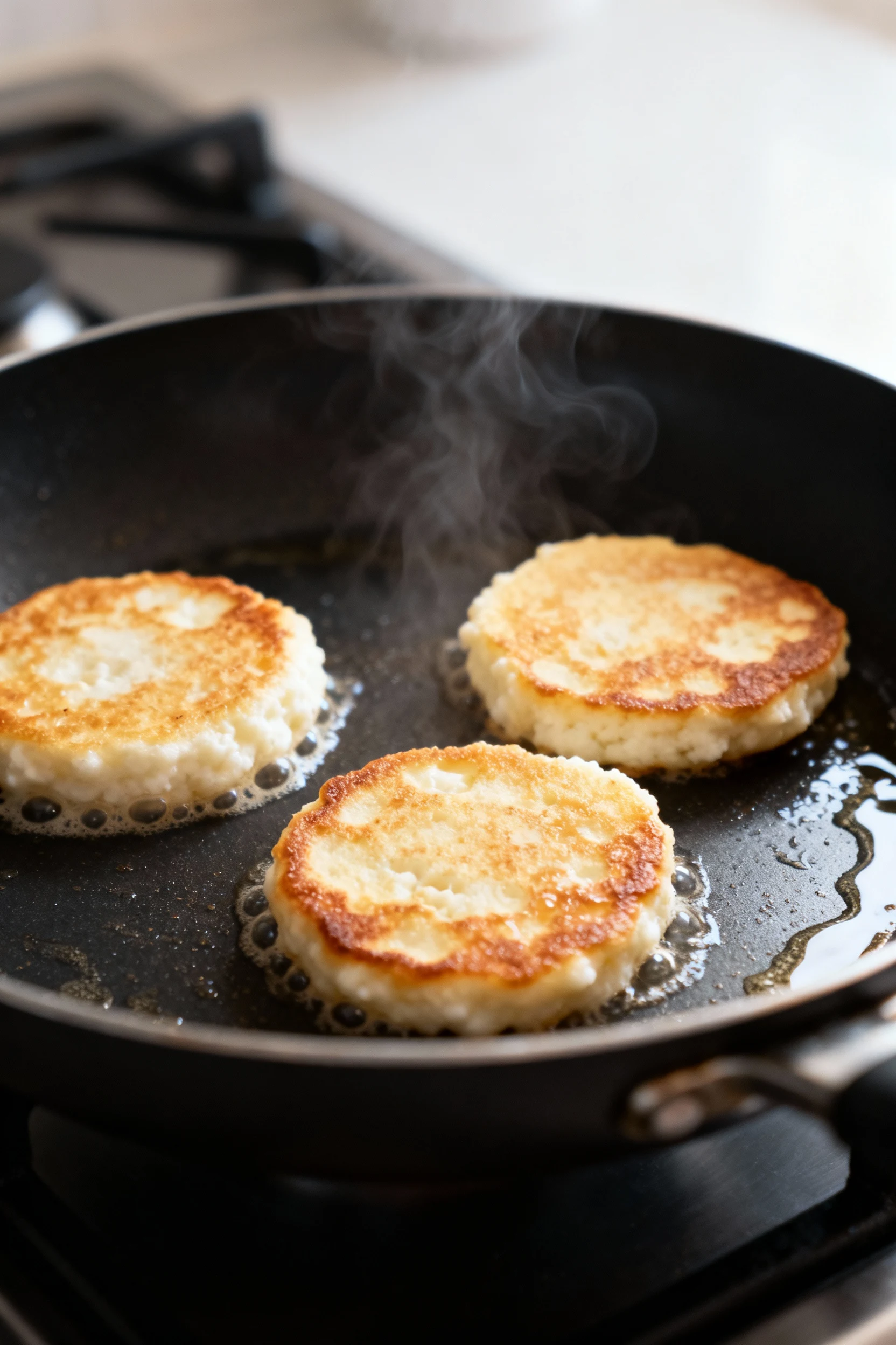 Protein cottage cheese pancakes cooking in a nonstick skillet, three small rounds with golden-brown edges and tiny surfa