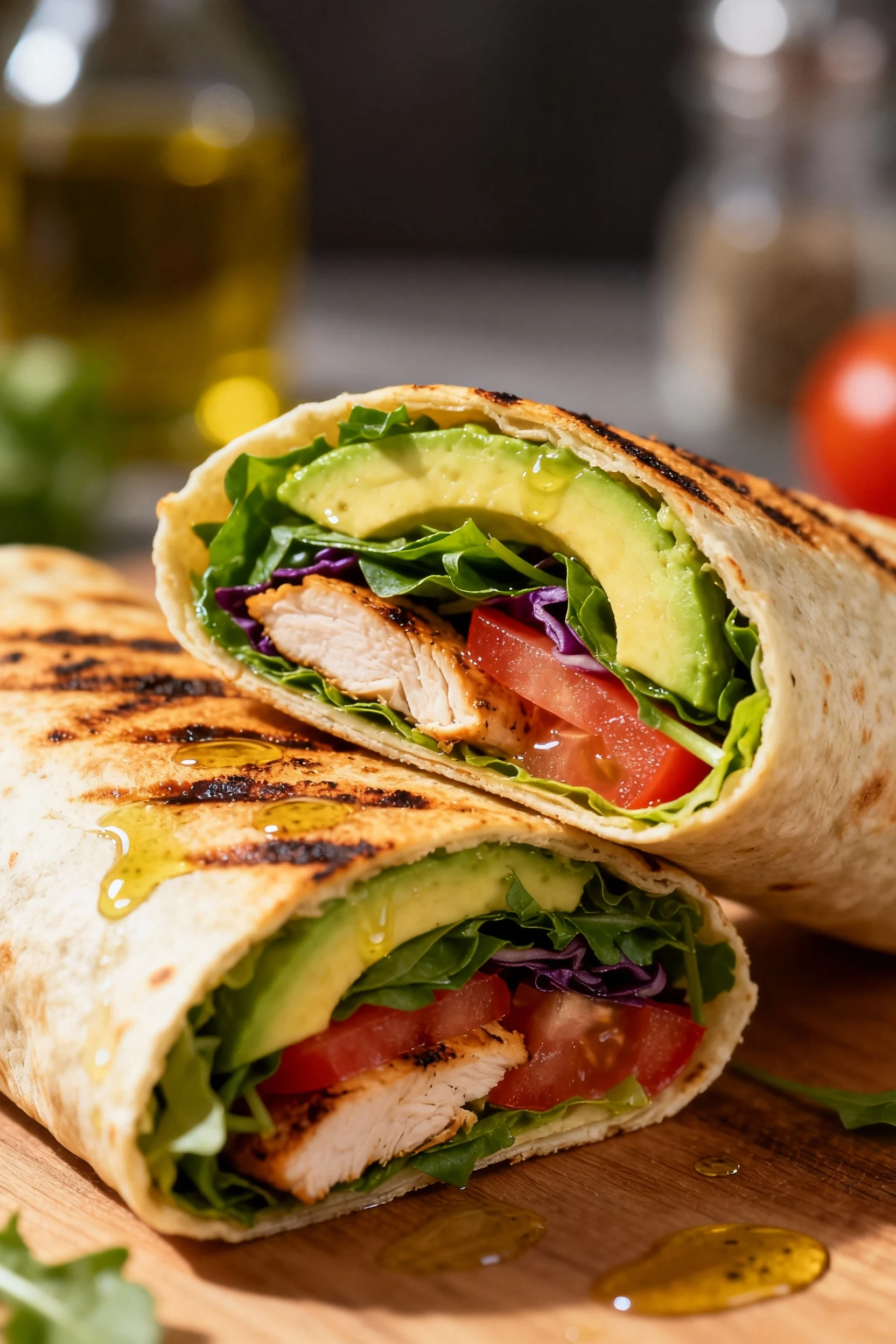 Close-up of a freshly grilled chicken and avocado wrap, sliced in half to reveal vibrant mixed greens and juicy tomato l