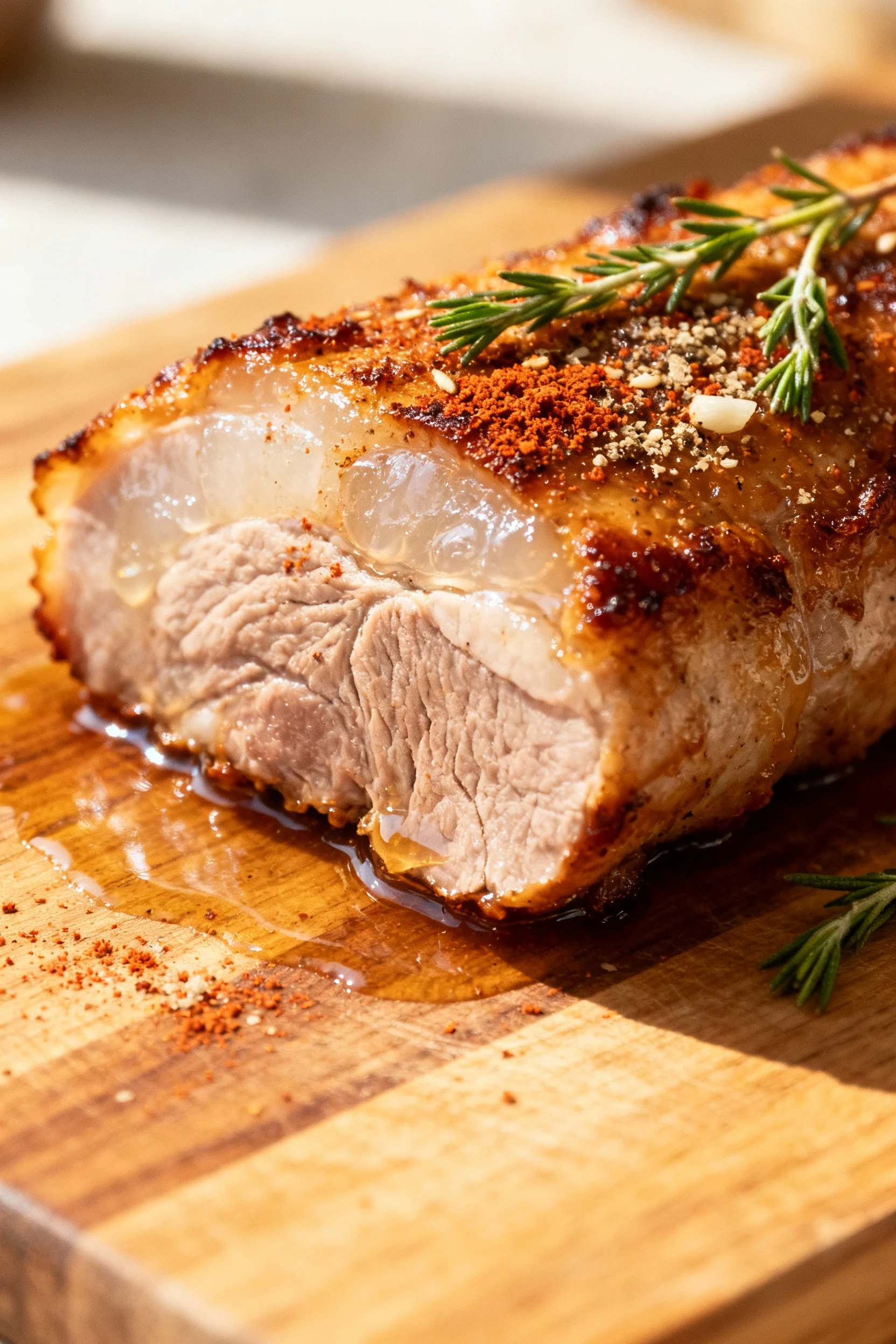 Close-up detail of golden-brown seared pork tenderloin resting on a wooden cutting board, glistening with juices, season