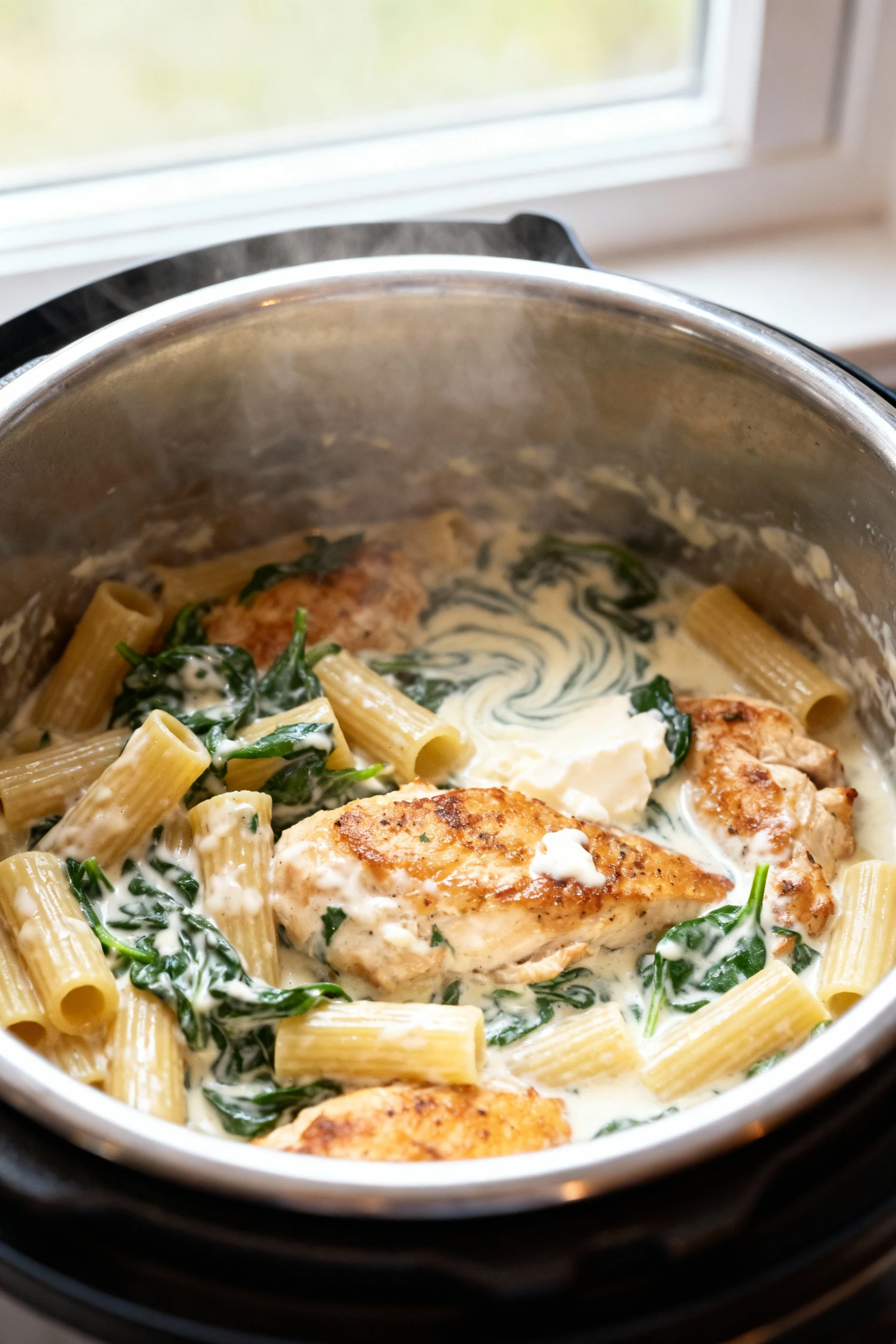 Instant Pot inner pot, post-quick-release: creamy Tuscan chicken pasta being stirred as cream cheese melts in, heavy cre