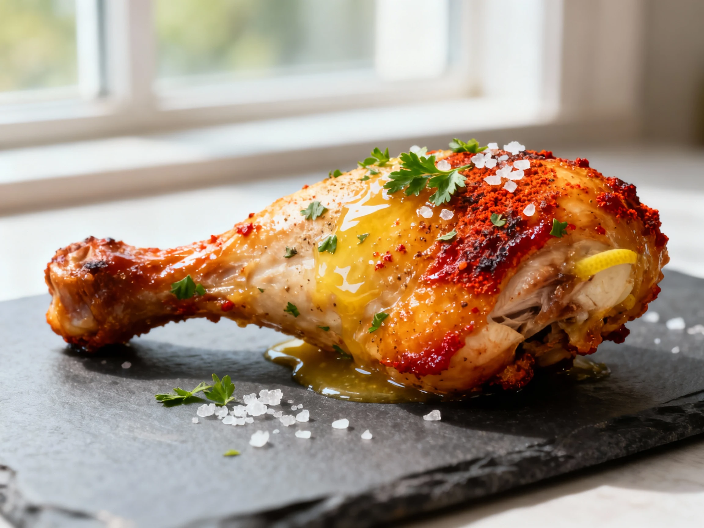 Food photography, Close-up of a roasted chicken drumstick with shatteringly crisp skin from a baking-powder rub; deep go