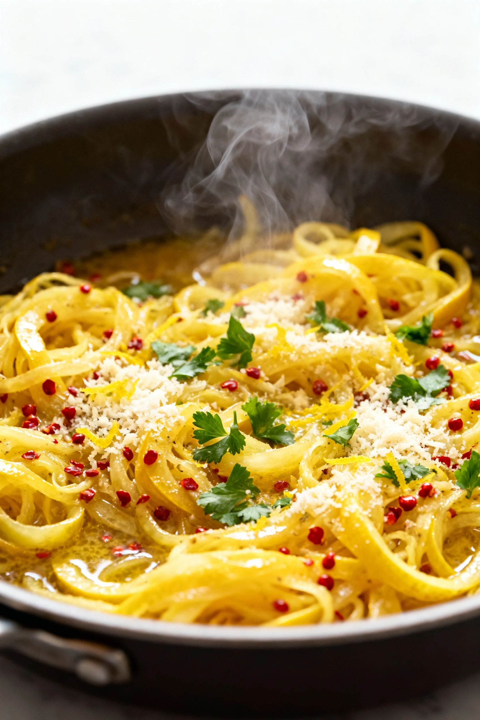 Cooking process: glossy spaghetti squash strands tossed in garlic-butter with red pepper flakes in a large skillet, stea