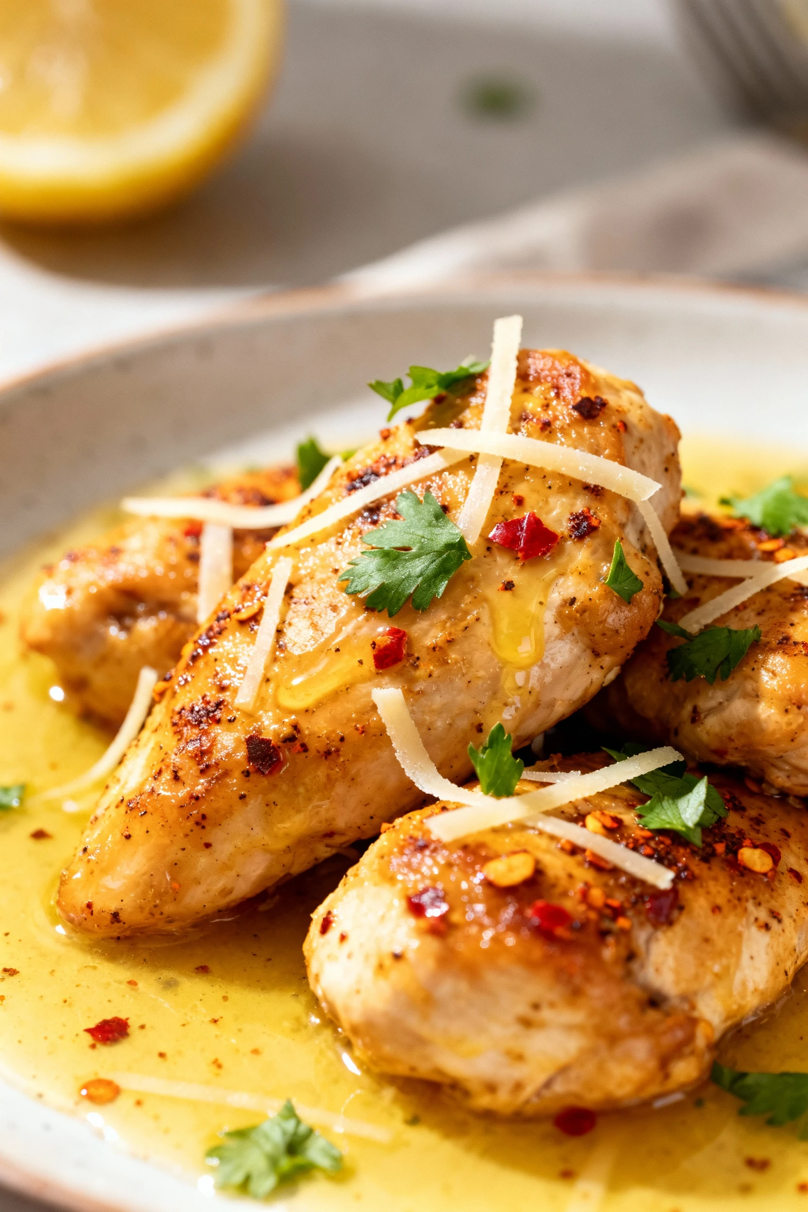 Close-up detail: golden-brown garlic butter chicken bites glazed in lemony pan sauce, flecks of smoked paprika and crush