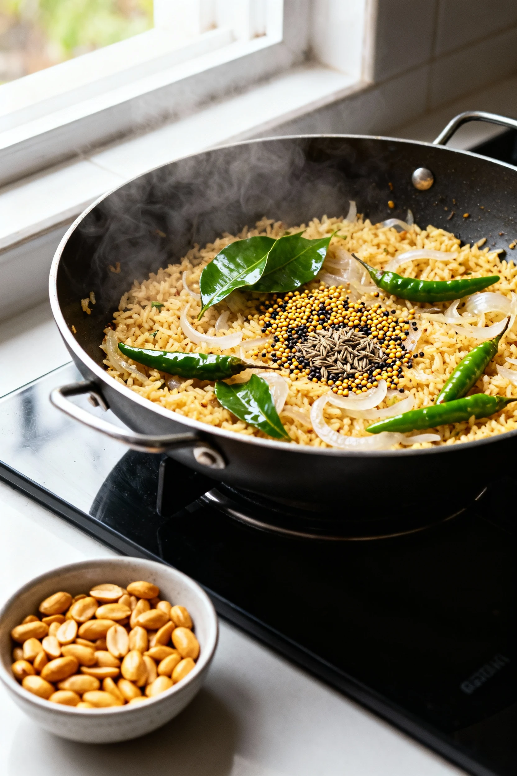 Cooking process: Masala Poha tempering sizzling in a wide pan — mustard seeds crackling, cumin blooming, glossy curry le