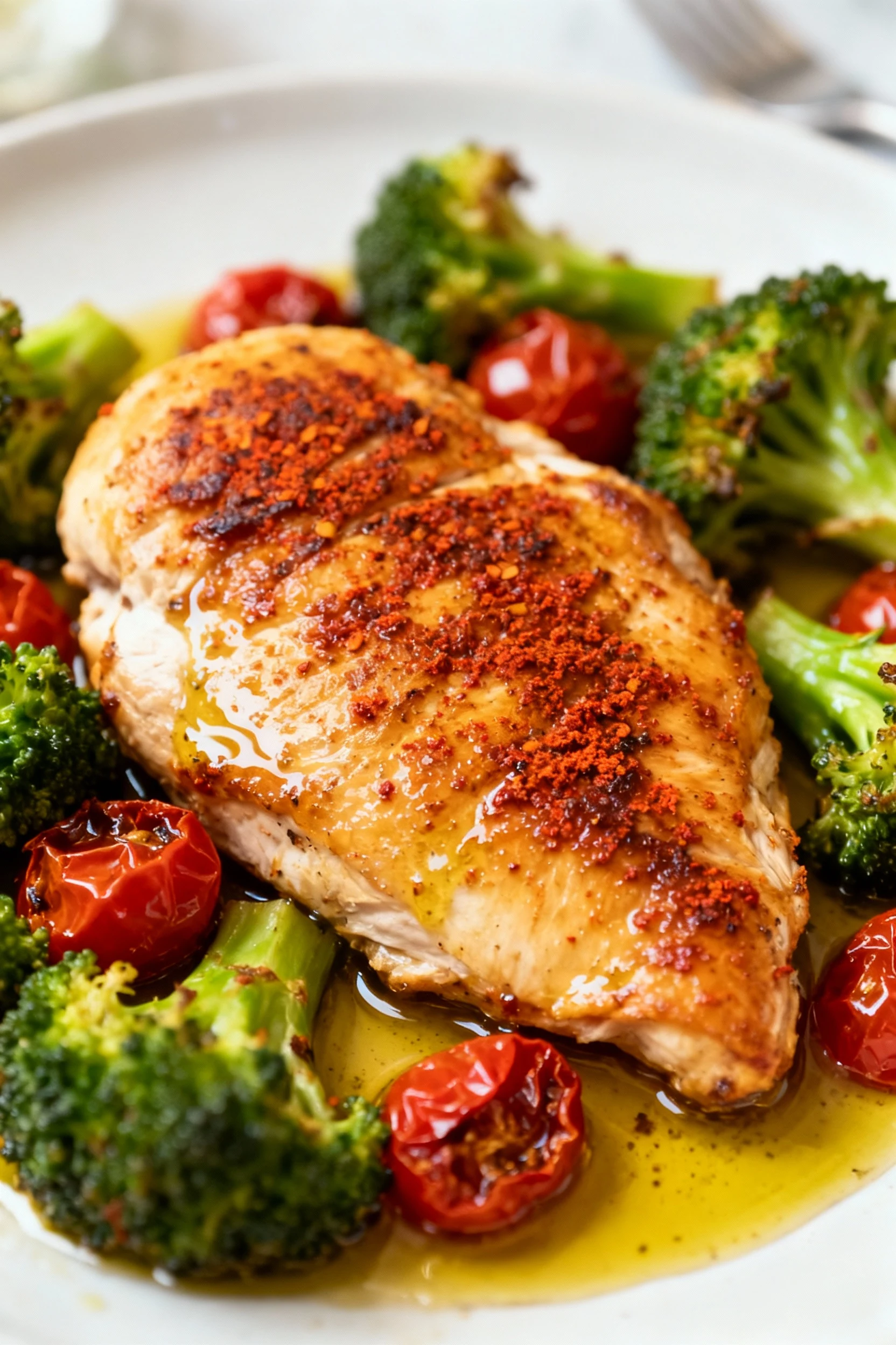 Close-up of golden-brown seared chicken breast with a crisp paprika-spiced crust, glistening in olive oil, surrounded by