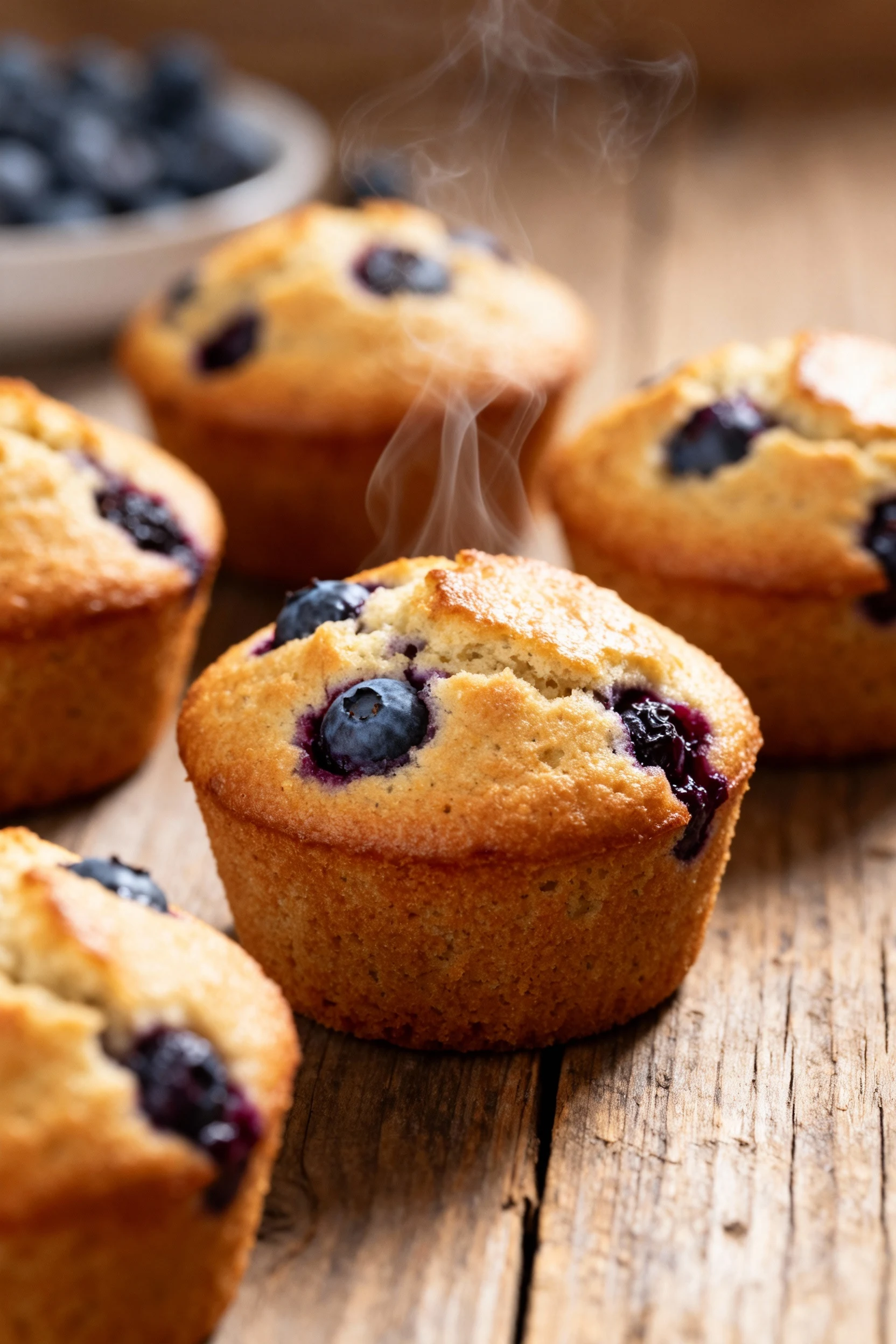 1. Close-up of freshly baked gluten-free blueberry muffins with golden-brown tops and bursting berries, steam gently ris
