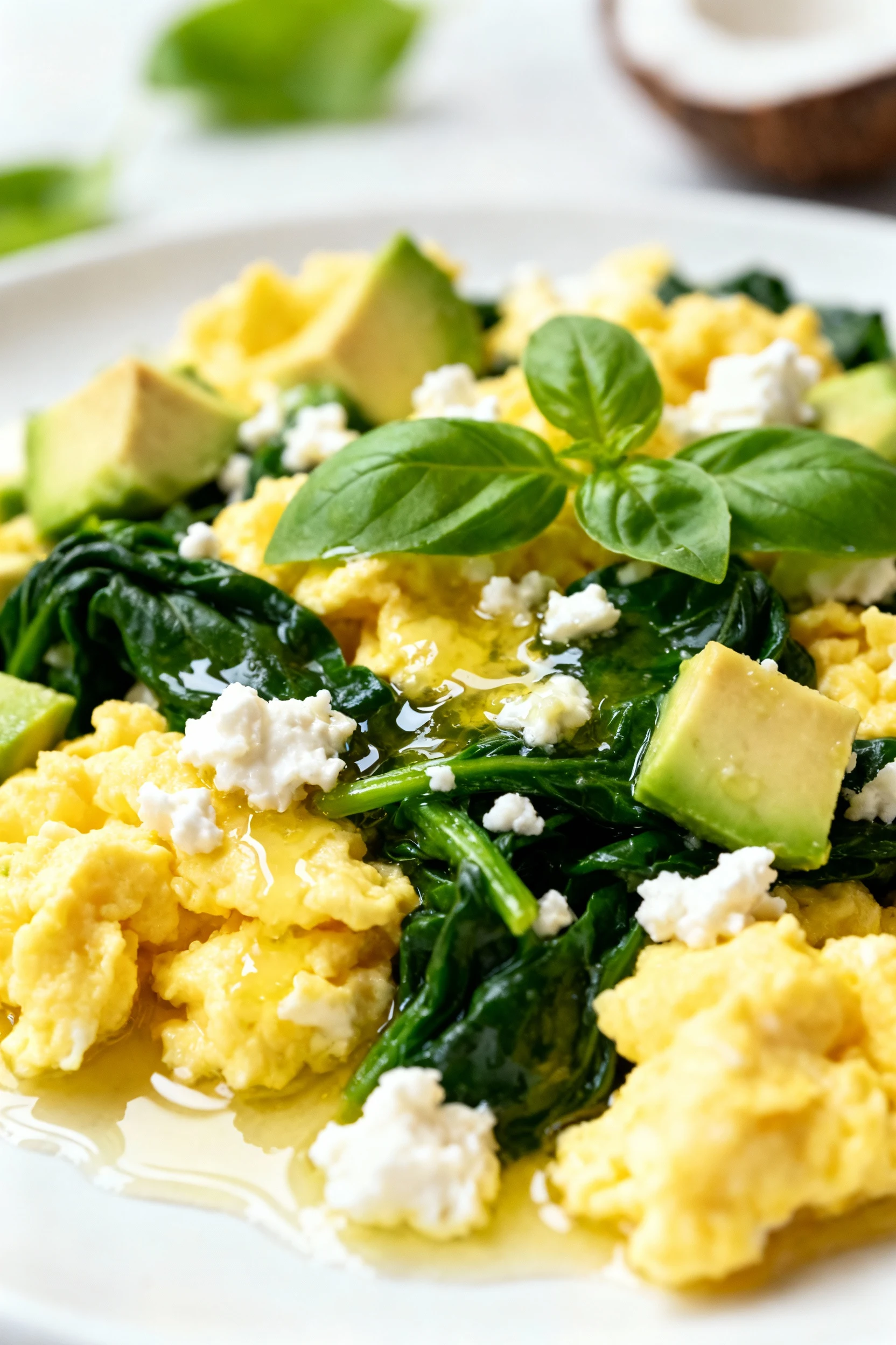 Close-up of fluffy scrambled eggs mixed with wilted baby spinach, diced avocado, and melted crumbled feta, glistening in